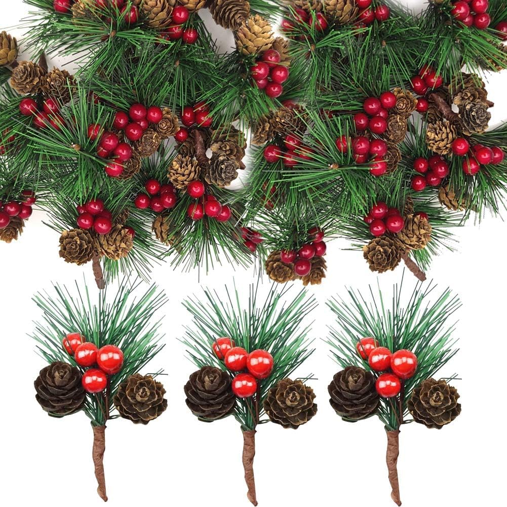 20 Pcs Christmas Tree Picks Christmas Floral Picks and Sprays with Red Berry Pinecones for Xmas Decor