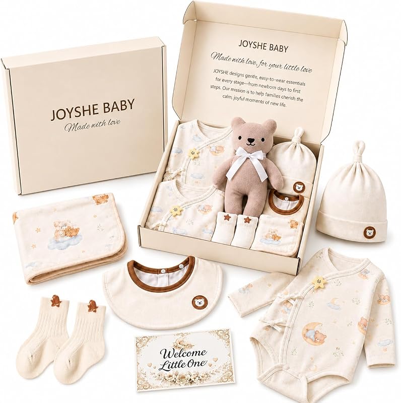 Newborn Baby Gift Set, 8-Piece Layette Set for Boys & Girls, 0-3 M | Gift-Ready Newborn Essentials in Soft 100% Cotton