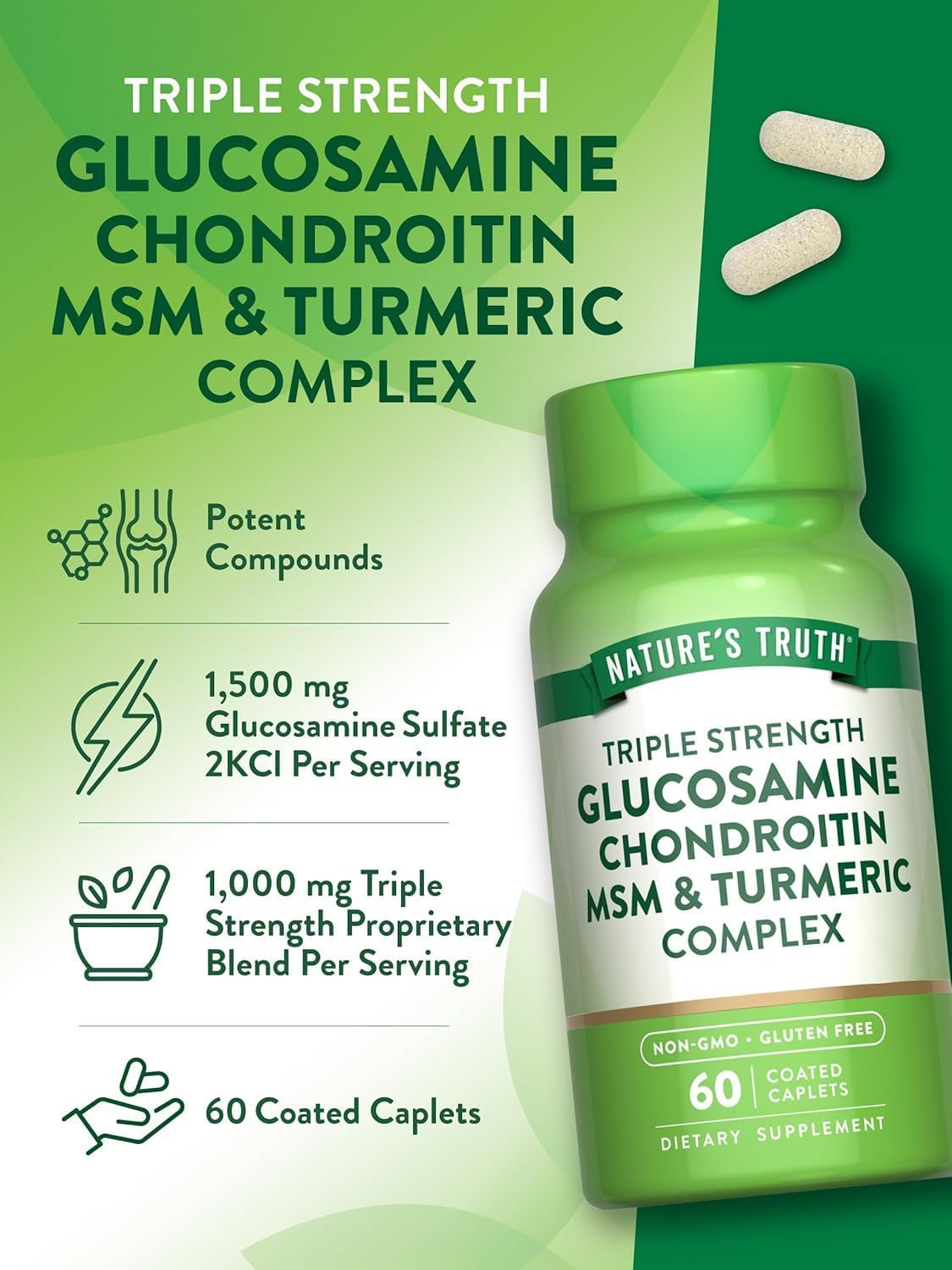 Nature's Truth Triple Strength Glucosamine Chondroitin MSM Complex Dietary Supplement - 60 Coated Caplets, Pack of 6
