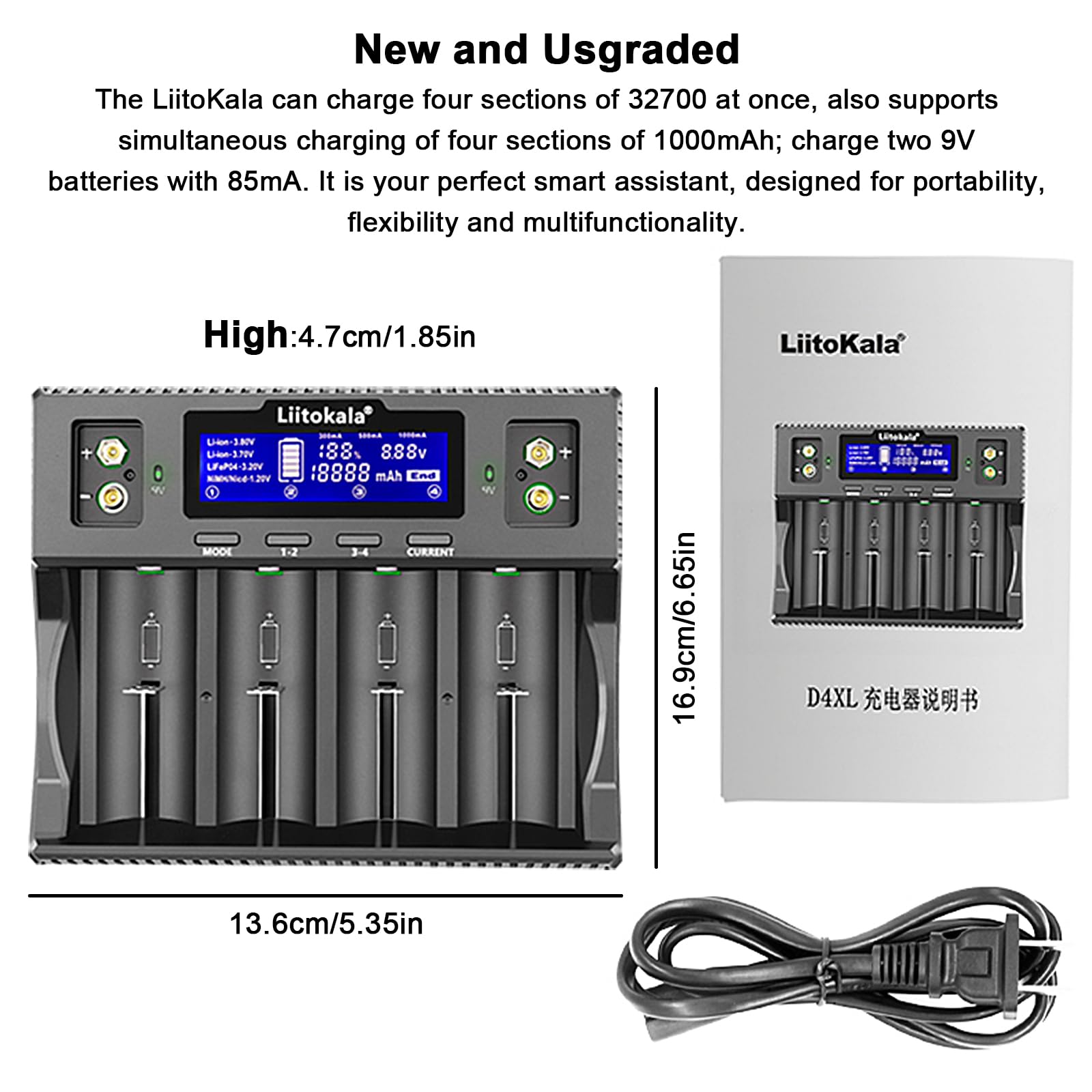 LiitoKala Lii-D4XL Cargador de Batería con Pantalla LCD, para 14500 18650 26650 32700 AA AAA Li-Lion (4.2V), Ni-MH/Ni-CD (1.48 0V), LiFePO4 (3.65V), Potencia de Entrada DC 12V 2A, 4 Bahías