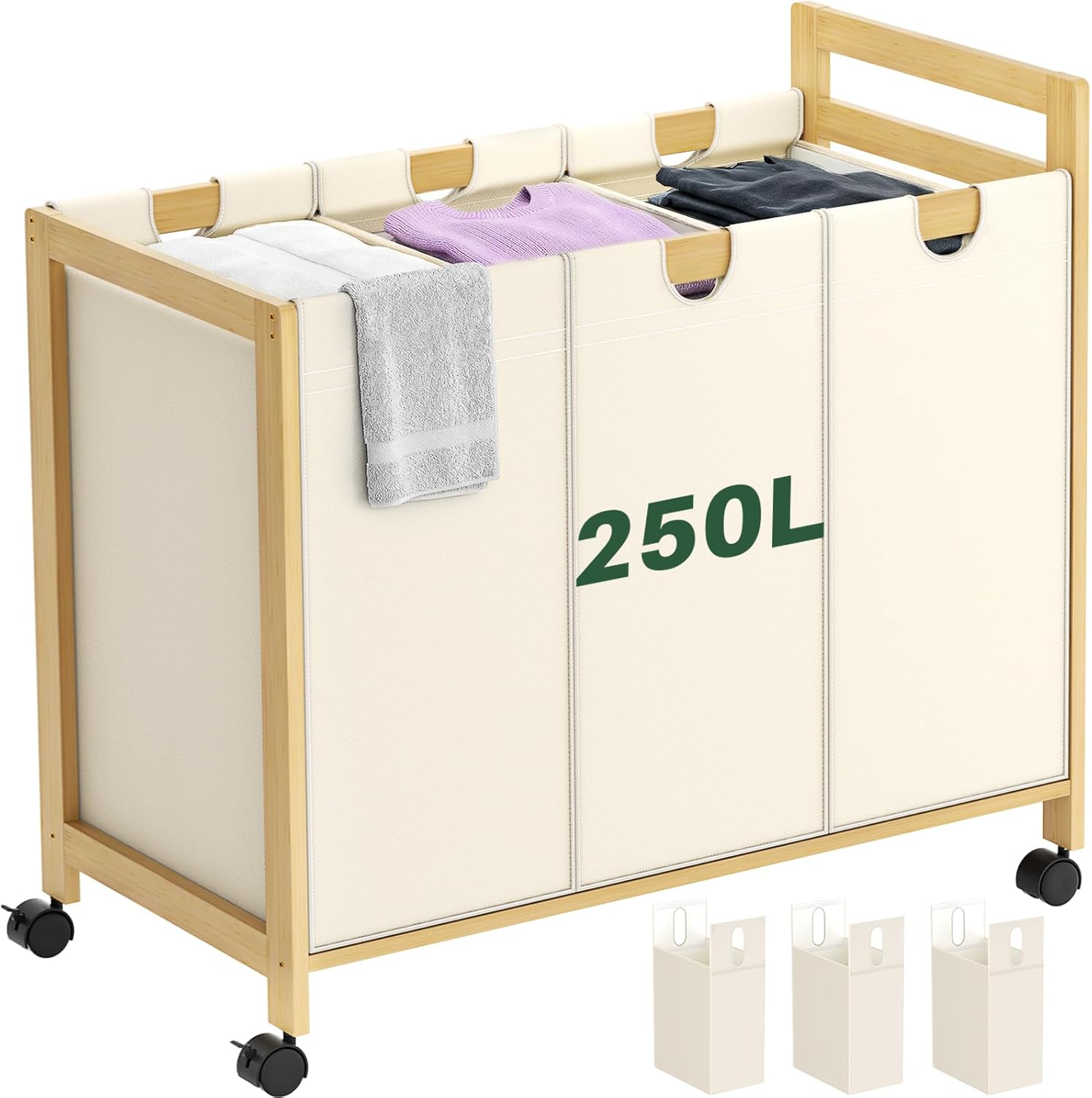 Homykic 250L Laundry Sorter Cart with Wheels, 3-Section Rolling Laundry Basket with Removable Bags, 66 Gal Large Laundry Hamper Organizer, Heavy Duty Bamboo Frame, Water-Resistant, Black