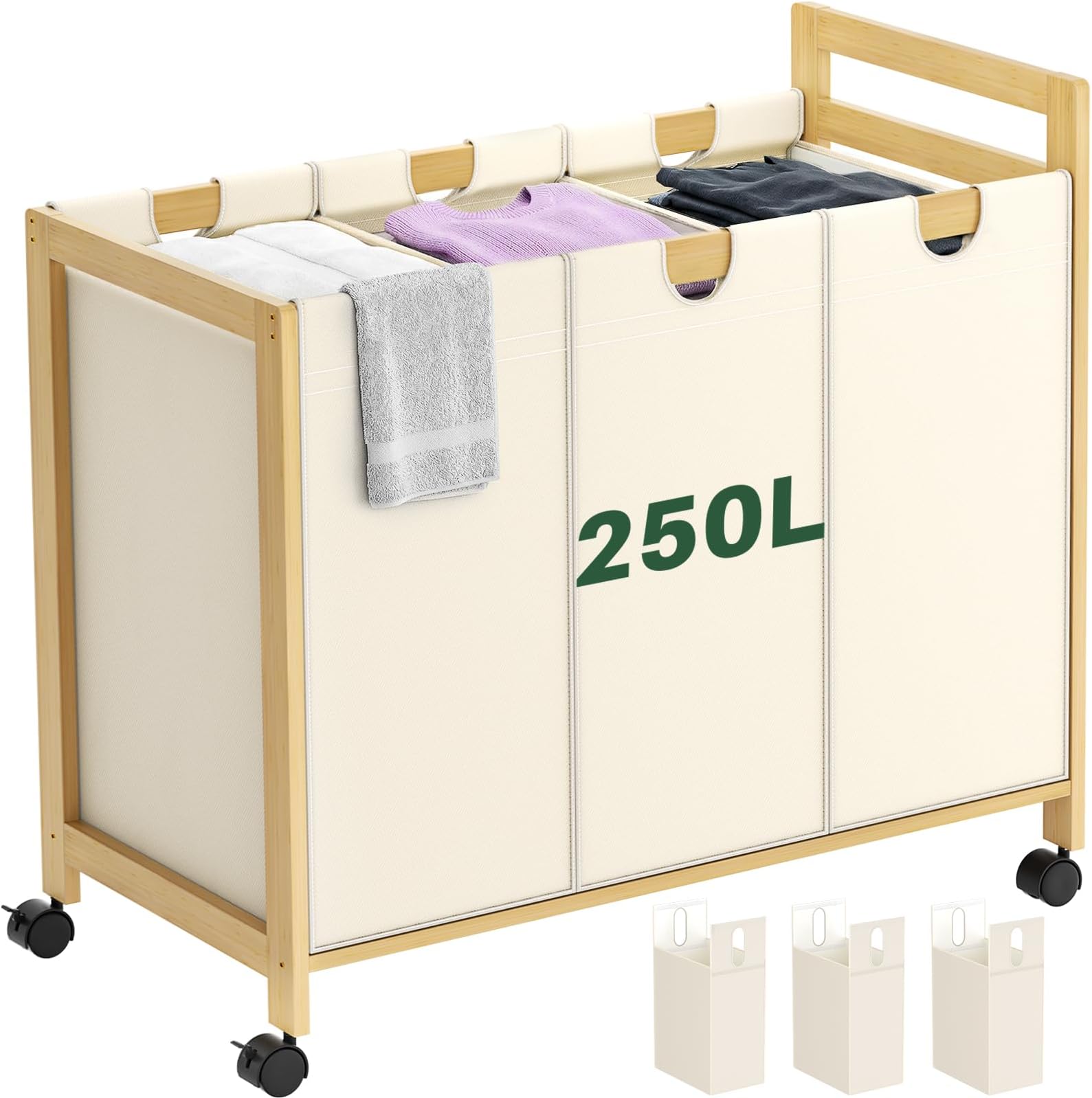 250L Laundry Sorter Cart with Wheels, 3-Section Rolling Laundry Basket with Removable Bags, 66 Gal Large Laundry Hamper Organizer, Heavy Duty Bamboo Frame, Water-Resistant, Black