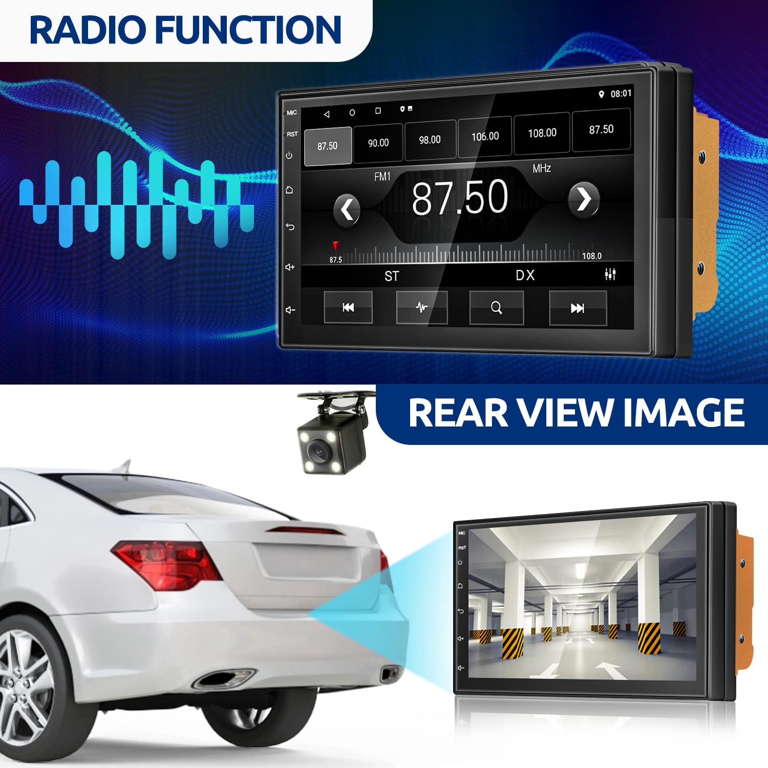 Diagram showing how to connect iOS and Android phones to the ESSGOO car stereo using Mirror Link. Android supports two-way control via USB or Wi-Fi, while iOS supports one-way control via Wi-Fi.