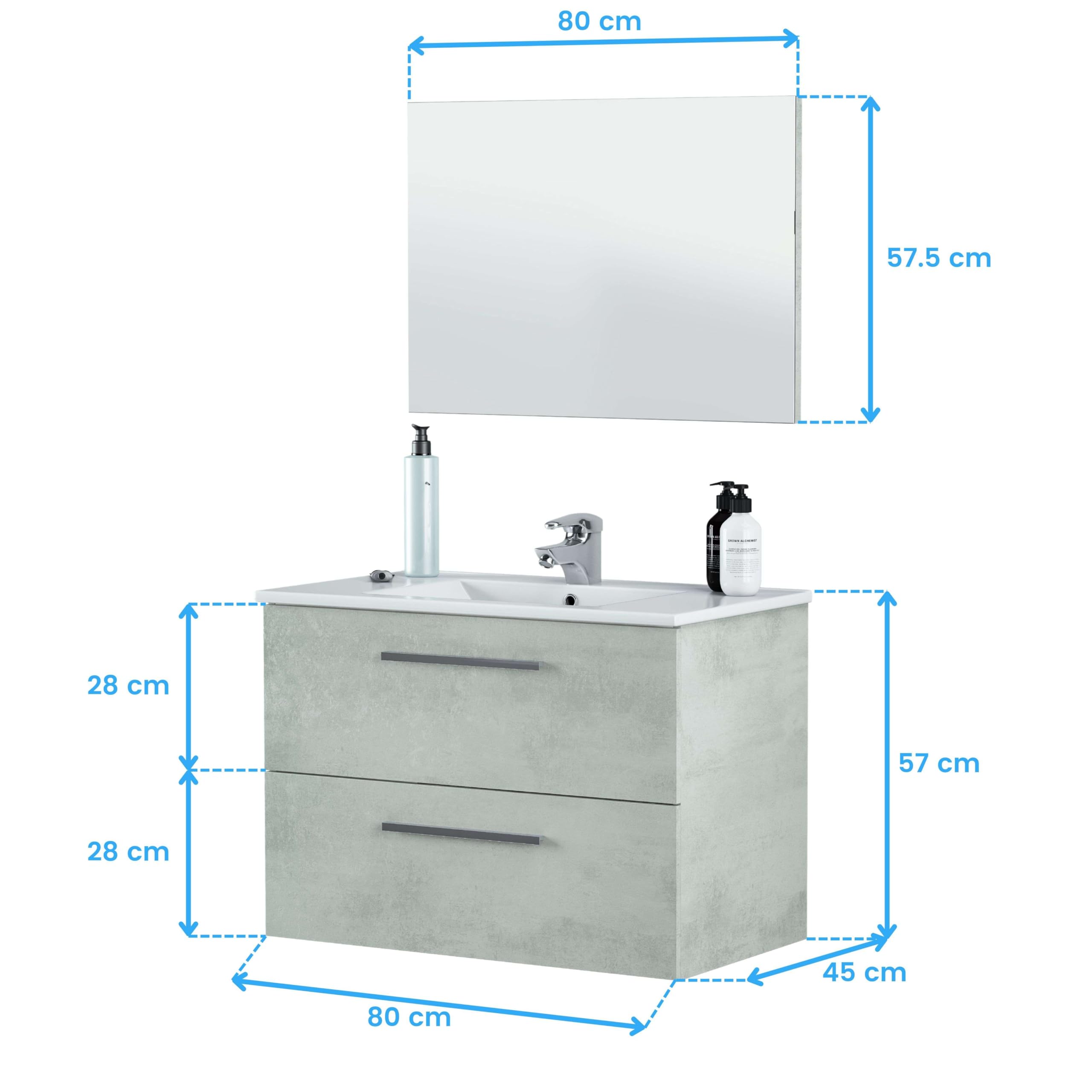 Pack de Muebles de Baño Aruba en Color Cemento o Blanco con Mueble de Baño, Columna, Espejo y Lavamanos Cerámico