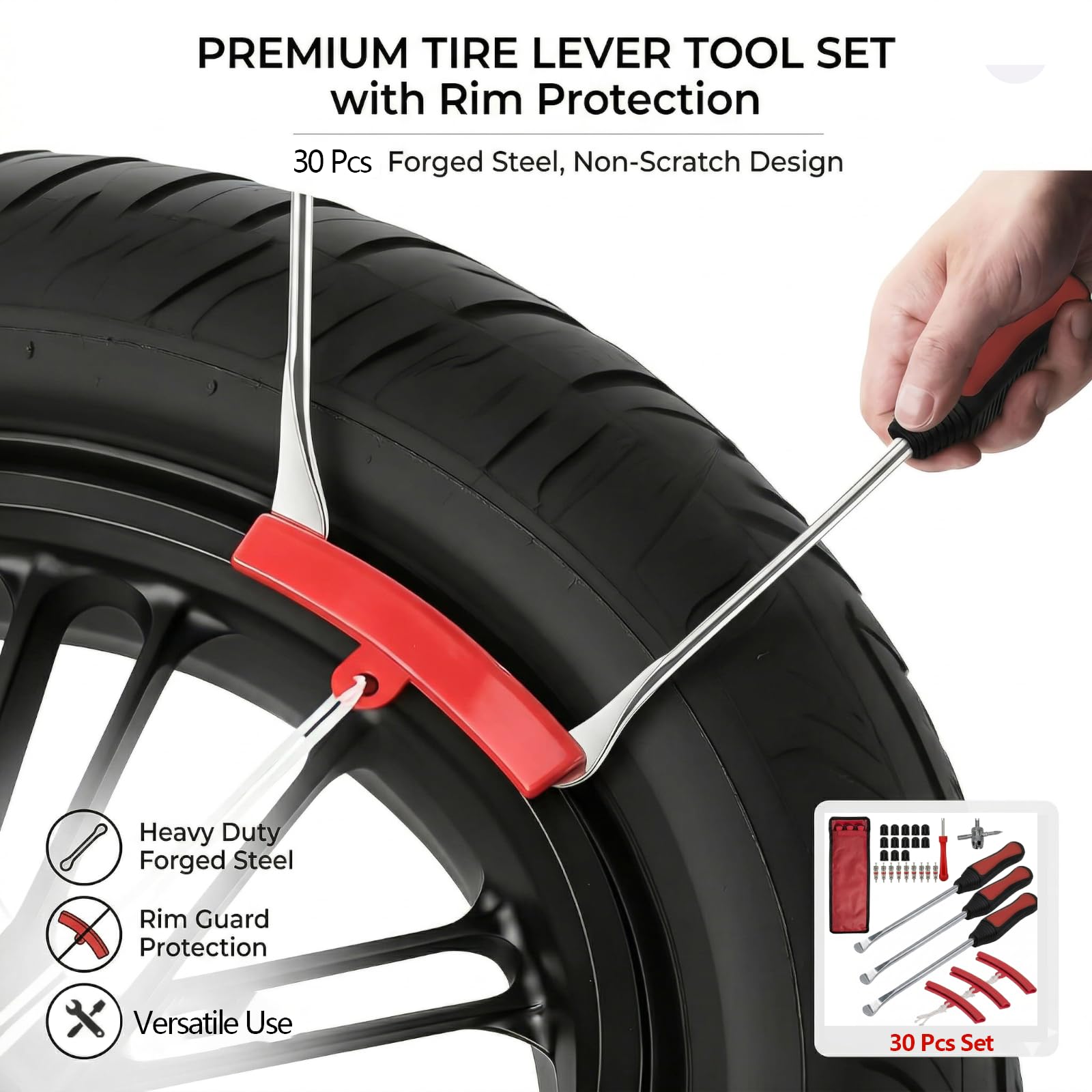 Set Combinato da 30 Pezzi di Leve Smontagomme Strumenti per il Montaggio di Pneumatici per Moto, Biciclette e Scooter Leve Smontagomme (a Cucchiaio) con Leve Portatili e 9 Protezioni per Cerchi