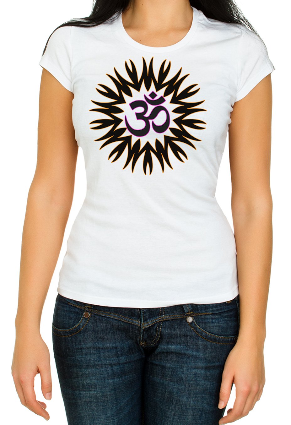 RED&WHITE CO. Hindu om Om aum Aum Yoga Woman Top T Shirt 3/4 Sleeve Cotton Crew Neck (S) White