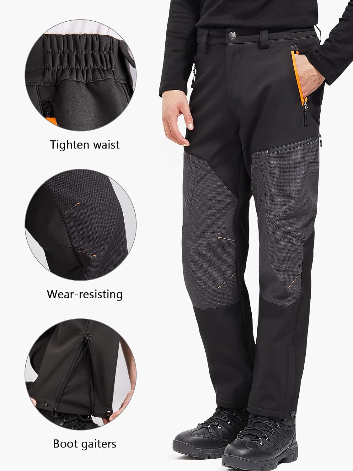 FREE SOLDIER Waterproof Mens Ski Pants Hiking Outdoor Snowboard Snow Pants with Bottom Leg Zipper(Dark Black, 38W x 32L) - Image 4