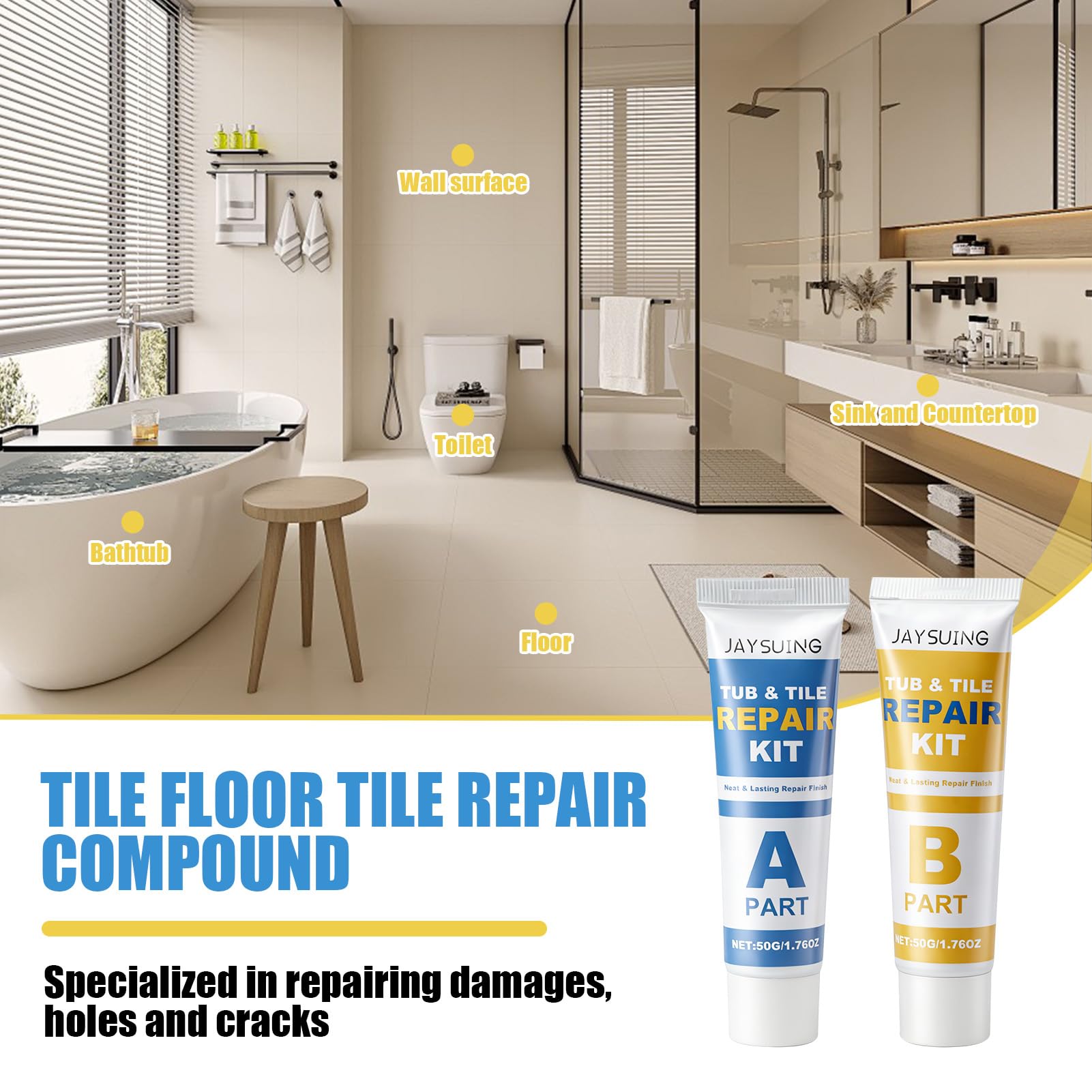 Kit Riparazione Piastrelle per Superfici in Ceramica e Marmo, Kit Riparazione Ceramica con Resina Epossidica AB 50G×2, Spatola e Accessori per Lavabo, Vasca, Piatto Doccia, Pareti e Pavimenti