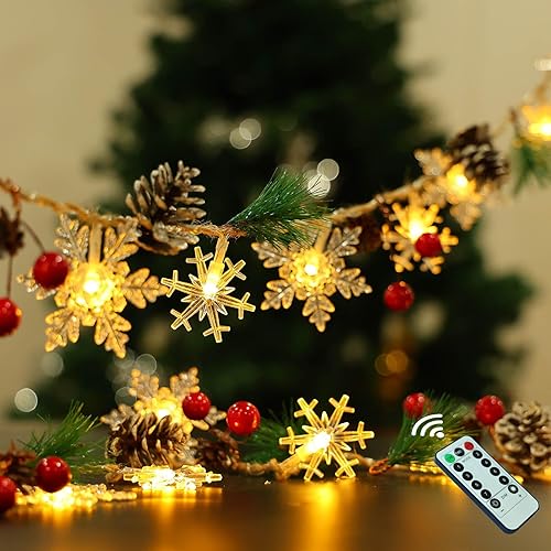 30 Led 10ft Christmas Garland Snowflake Lights, Pine Cones Red