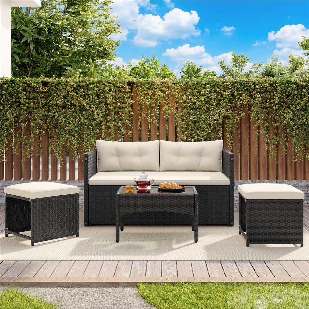 Yaheetech 2 in 1 Set Mobili da Giardino in Rattan PE con 1 Panca Trasformabile in Divano, 1 Tavolo e 2 Pouf, Ideale per Balcone Terrazza Patio Nero e Beige