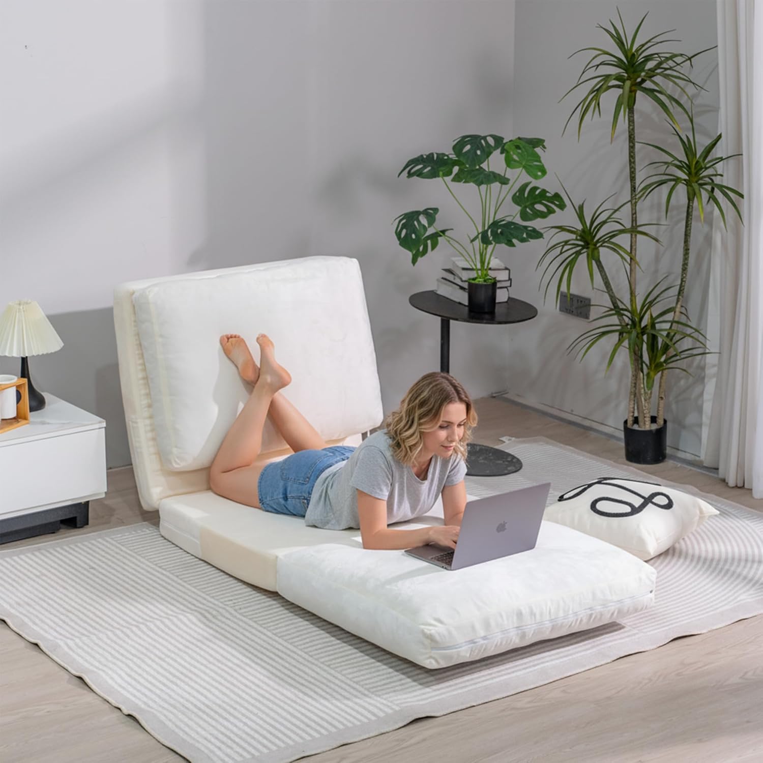 Cvortll 4-in-1 Folding Sofa Bed, Memory Foam Bean Bag Chair, Large Convertible Couch for Adults, Bedroom, Living Room, Apartment (Beige-Small)