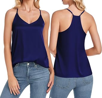 Wantschun Womens Silk Satin Camisole V-Neck Adjustable Spaghetti Strap Loose Fit Racerback Cami Casual Sleeveless Tank Top