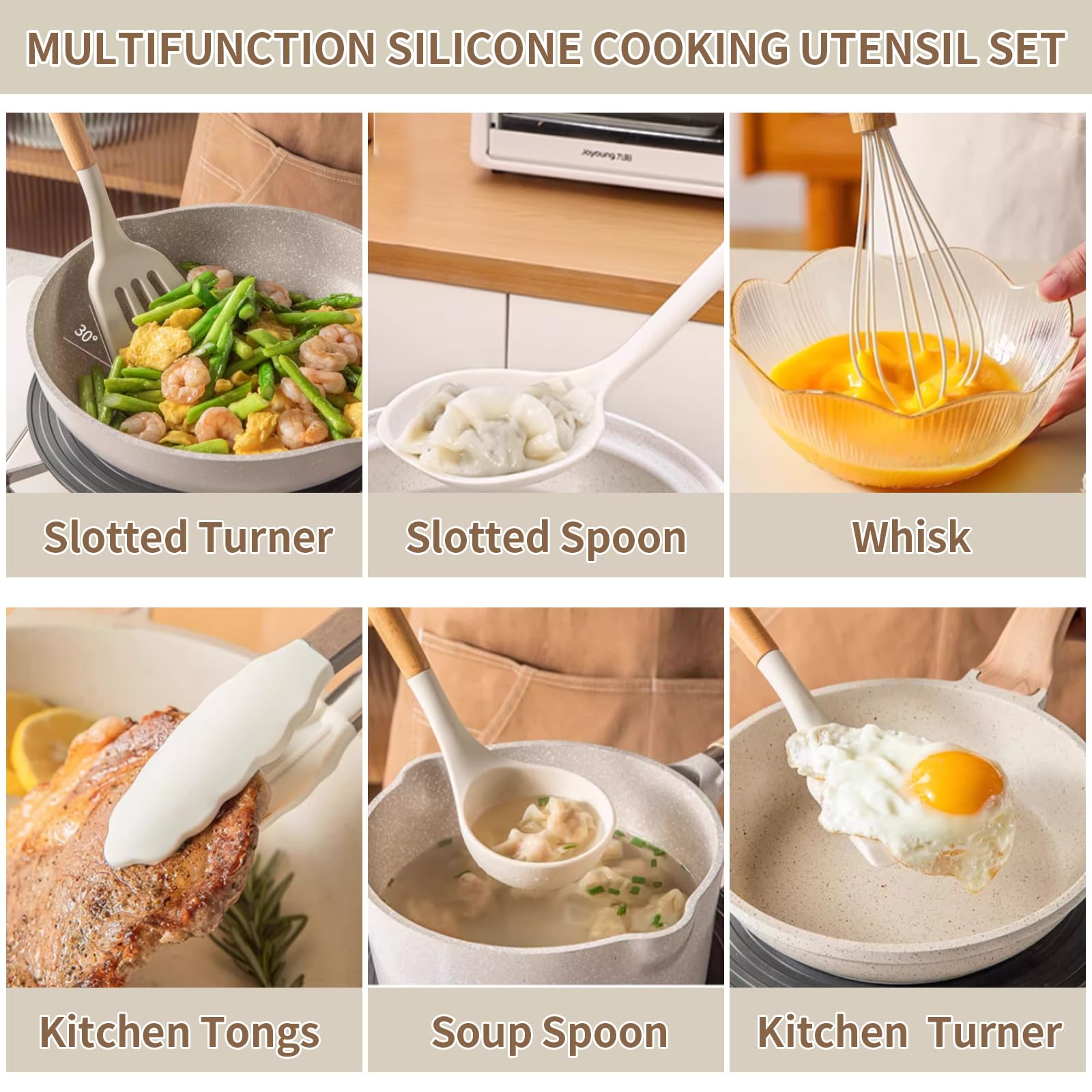Set di 13 utensili in silicone con manico in legno, antiaderenti, lavabili in lavastoviglie, utensili da cucina senza BPA, resistenti al calore (230 °C/230 °C) padella in ceramica sicura
