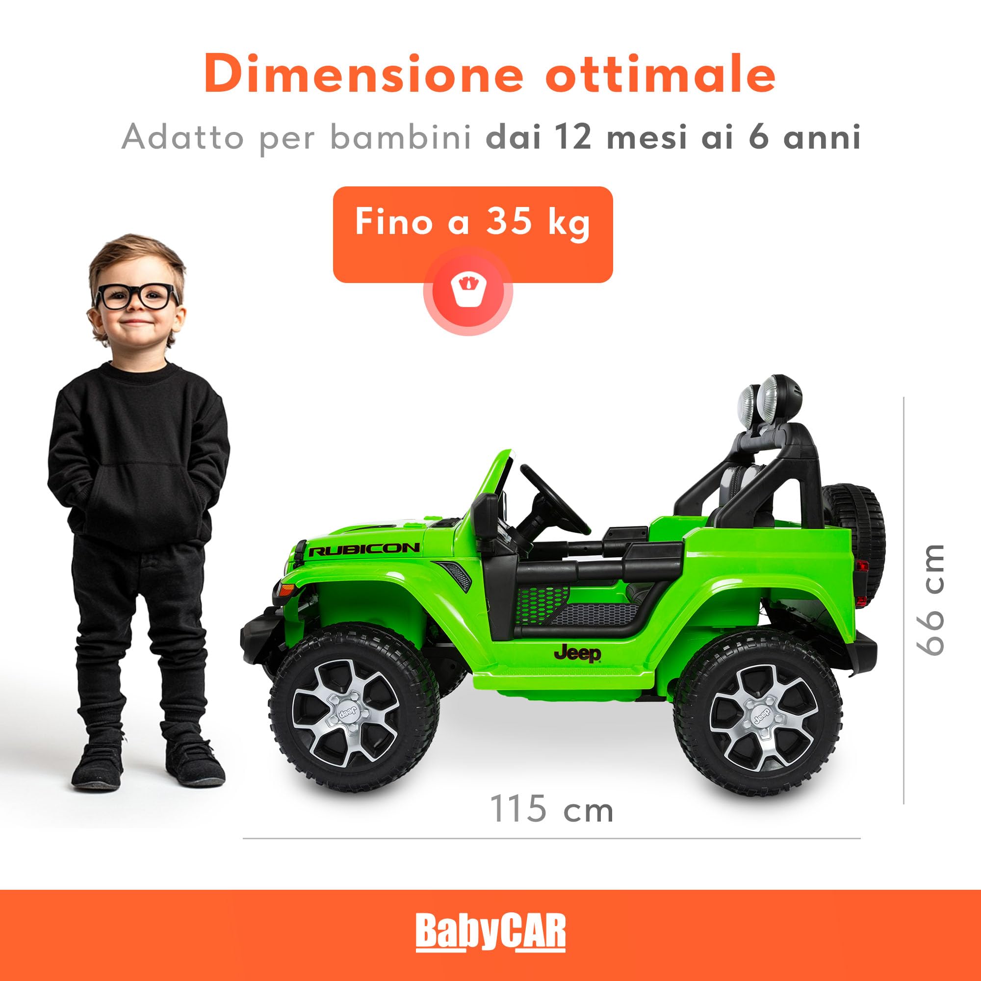 BabyCar Jeep Elettrica Per Bambini | Auto con Sedili in Pelle, Porte Apribili, MP3/USB/Micro SD | Macchina Elettrica per Bambini 12V con 2 Motori 35W | Licenza Ufficiale Jeep | Verde