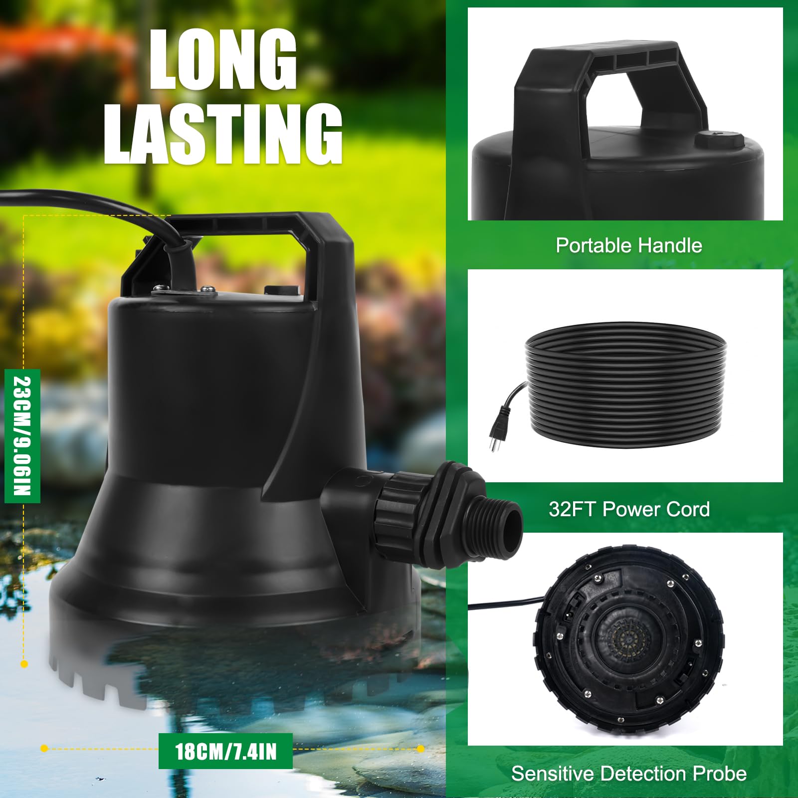 Pompe submersible 400 W, automatique, 8000 l/h, course de 11 m