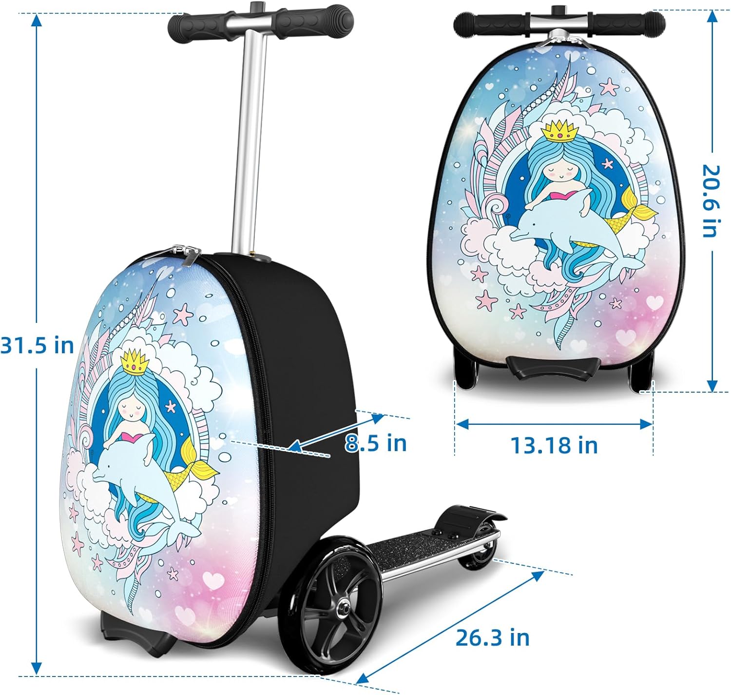 Baotree Scooter Suitcase for Kids, 2 in 1 Ride-on Luggage with Flash PU Wheels, Adjustable Handle & TPR Non-Slip Grip, Foldable & Lightweight, Ages 5-12