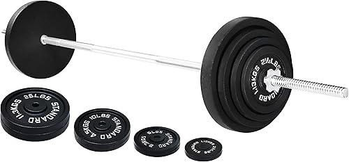 Vista 4 de Fitvids - Placas de peso estándar de hierro fundido, incluyendo barra estándar de 5 pies con bloqueos en estrella, juego de 95 libras