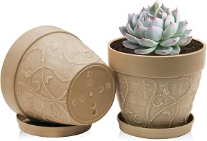 ZMTECH Plant Pots 7 Inch, Plastic Planters for Indoor Plants with Saucer Tray & Drainage Holes, Decorative Flower Pot for Peace Lily Herb House Plants (Light Brown, Set of 2)