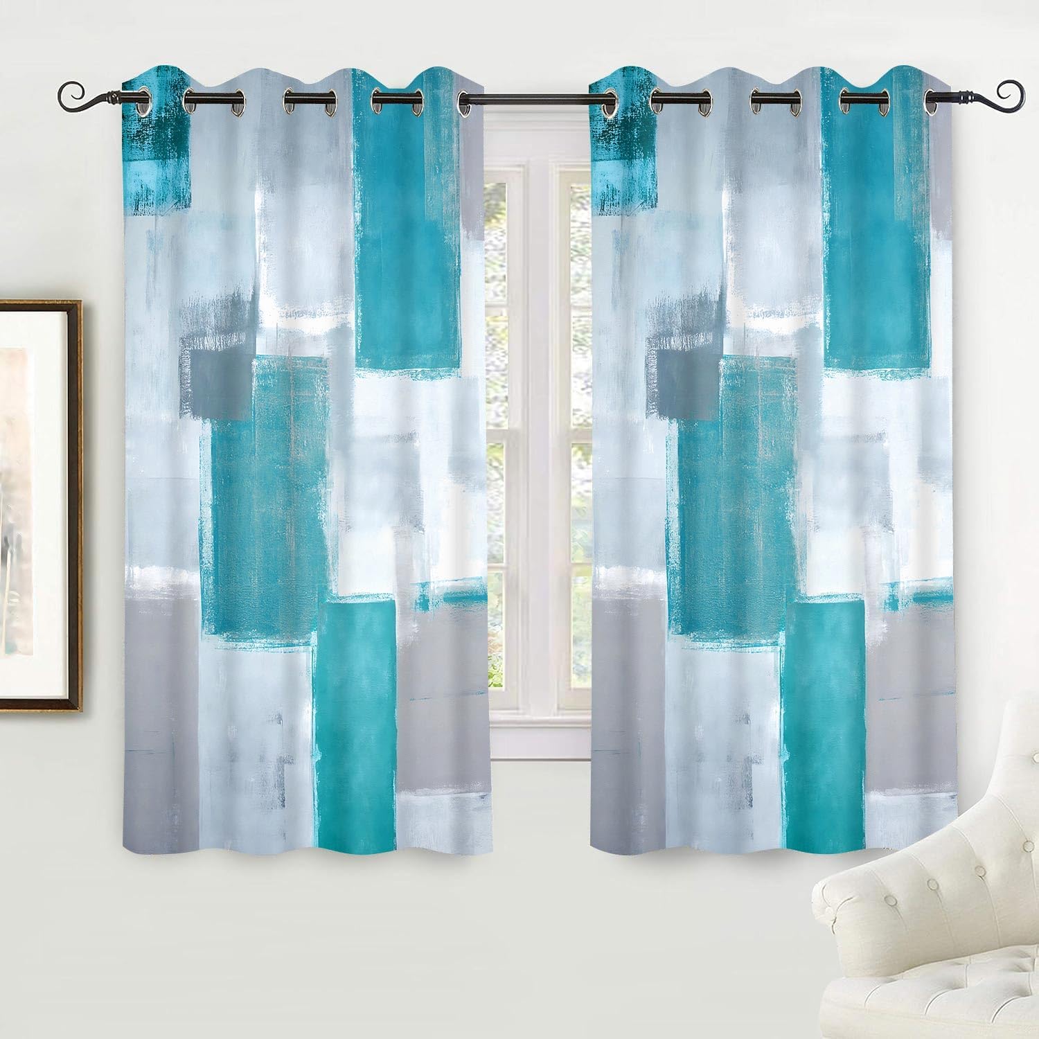 Turquoise Curtains Abstract Art Grommet Blackout Curtain Teal Blue White and Grey Modern Art Oil Painting Print Thermal Insulated Living Room Bedroom Window Drapes 2 Panels, 42x63in