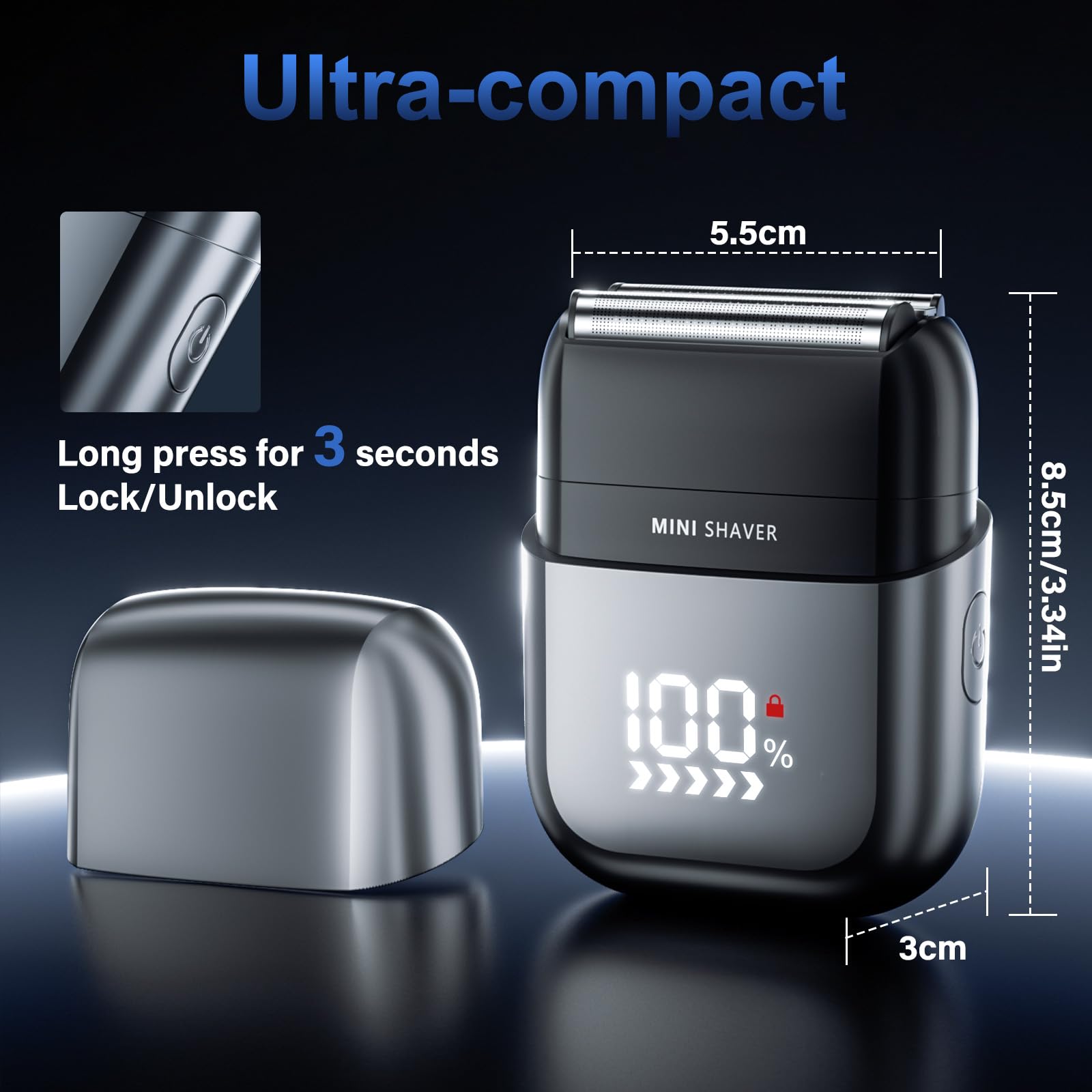 Rasoio Elettrico Barba con Display LED, IPX7 Impermeabile Rasoio Barba Uomo Wet & Dry, Shaver Barba Durata della Batteria 180 Minuti, Leggero e Silenzioso, Rasoio Uomo per Barba, Viso e Viaggi