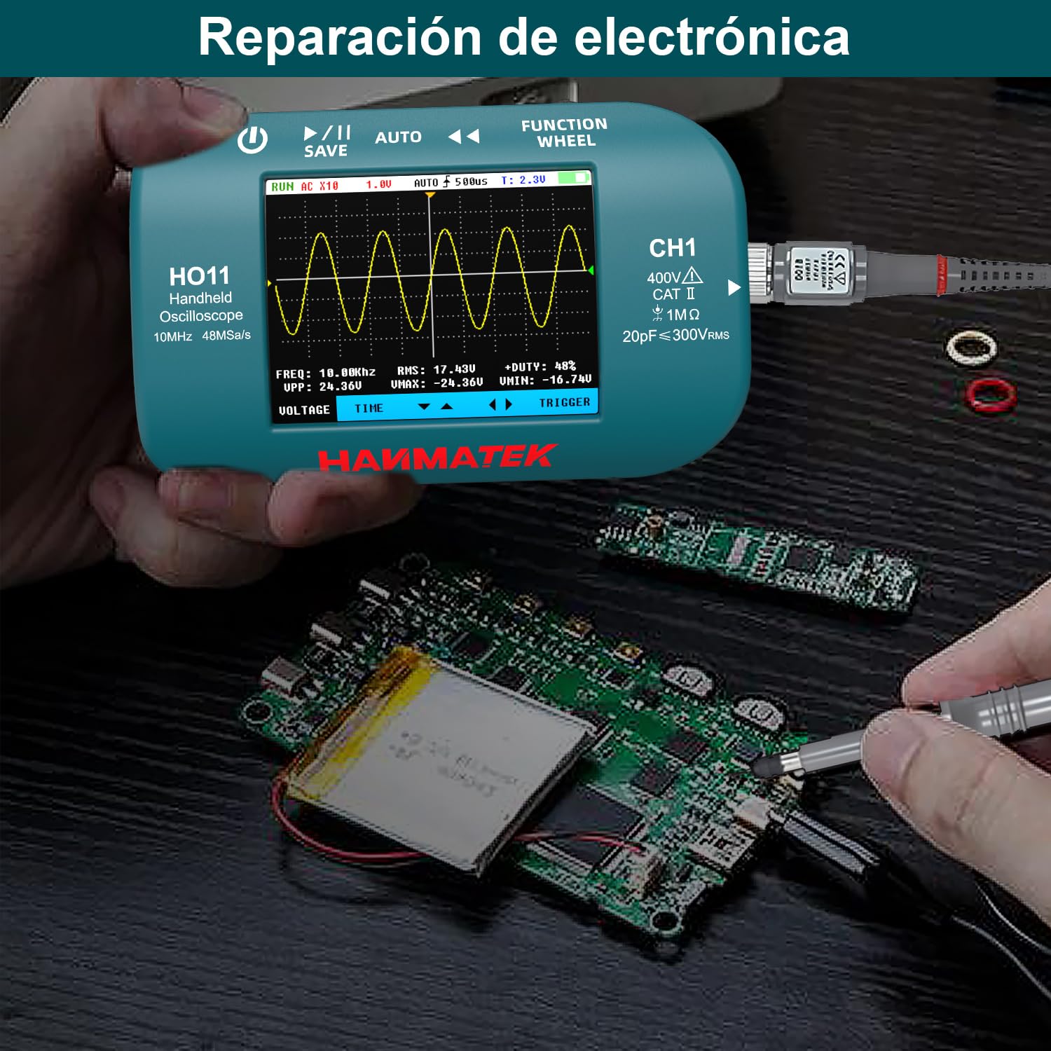 HANMATEK Osciloscopio Digital Portátil, Ancho de Banda de 10MHz, Muestreo de Alta Precisión de 48MSa/s, Pantalla TFT de 2,8", Recargable por USB, Sistema de Disparo Avanzado HO11
