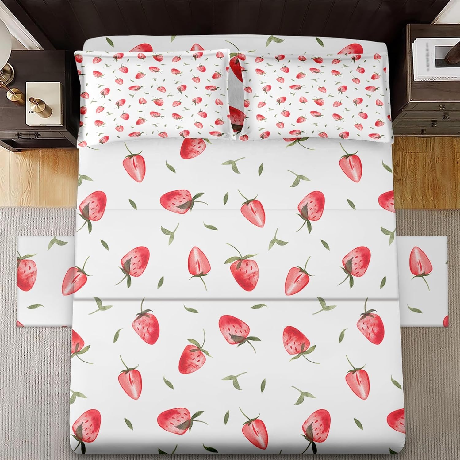 4 Pcs Fitted Sheet Set Queen Size, Cute Red Strawberry Fruit, Bed Decor Pink Strawberries Party Girly Bedroom Sets Pillowcase Bedsheet Bedding Flat Sheet for Kids and Adults
