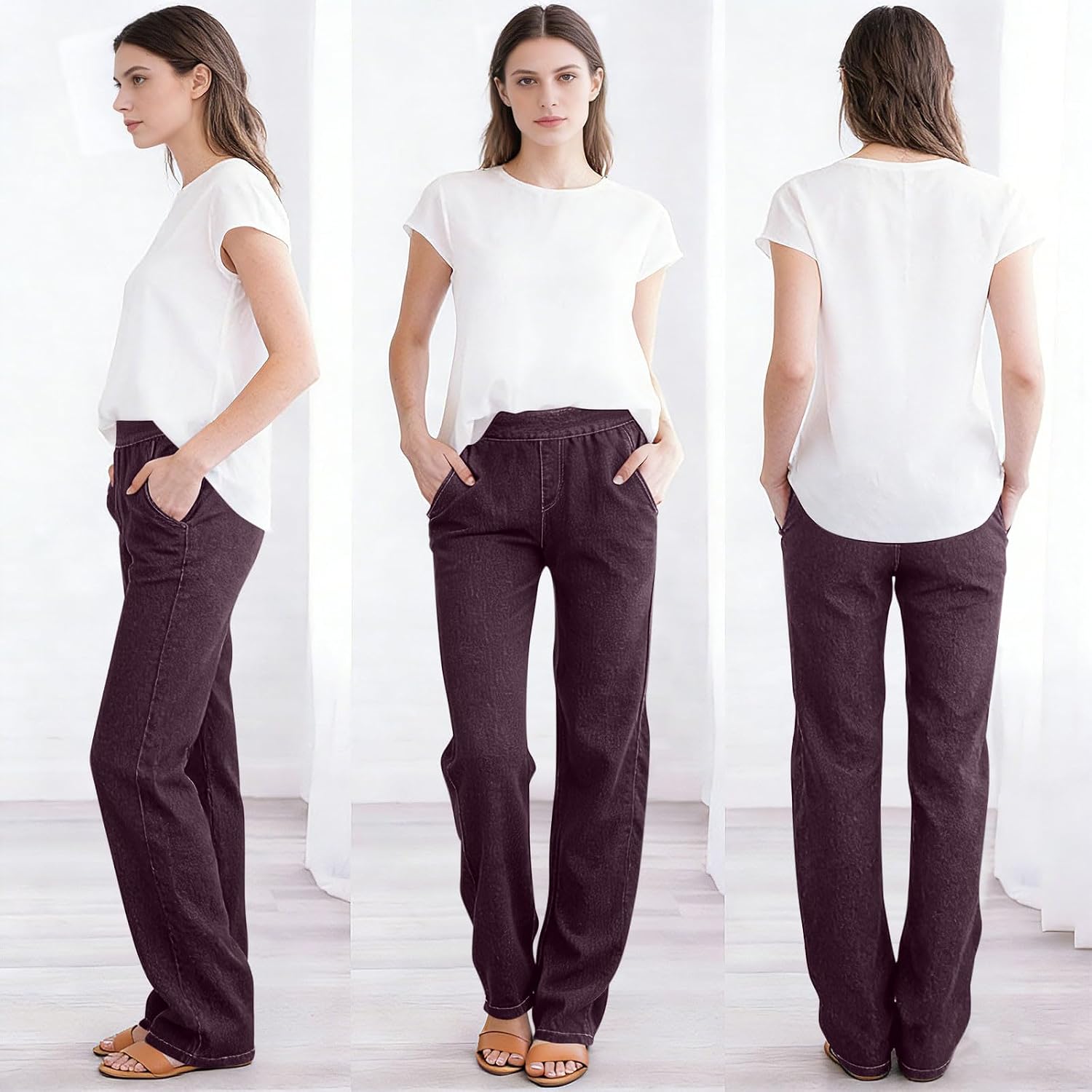 Wide Leg Pants for Women Trendy Dressy High Waisted Business Casual Work Pants Fake Jean Trousers with Pockets