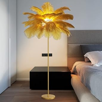 Natural Ostrich Feather Floor Lamp with Feather lampshade Dimmable Floor Standing Lamp Gold Feather Floor Lamp for Living Room Decor Corner Floor Lamp for Bedroom Study OfficeGold