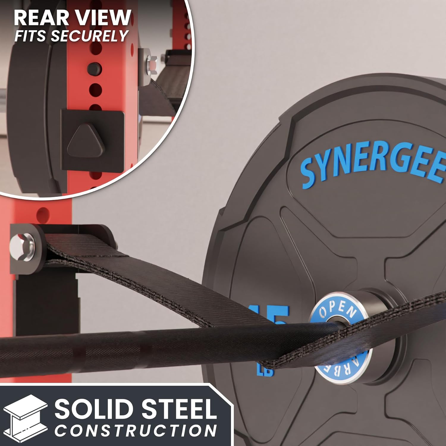 Synergee Safety Straps for Power Racks – Barbell Catch Straps with Quick-Mount Brackets & 5/8"-1" Hole Converters – 750 lb Capacity – Fits 2x2, 2x3 & 3x3 Racks