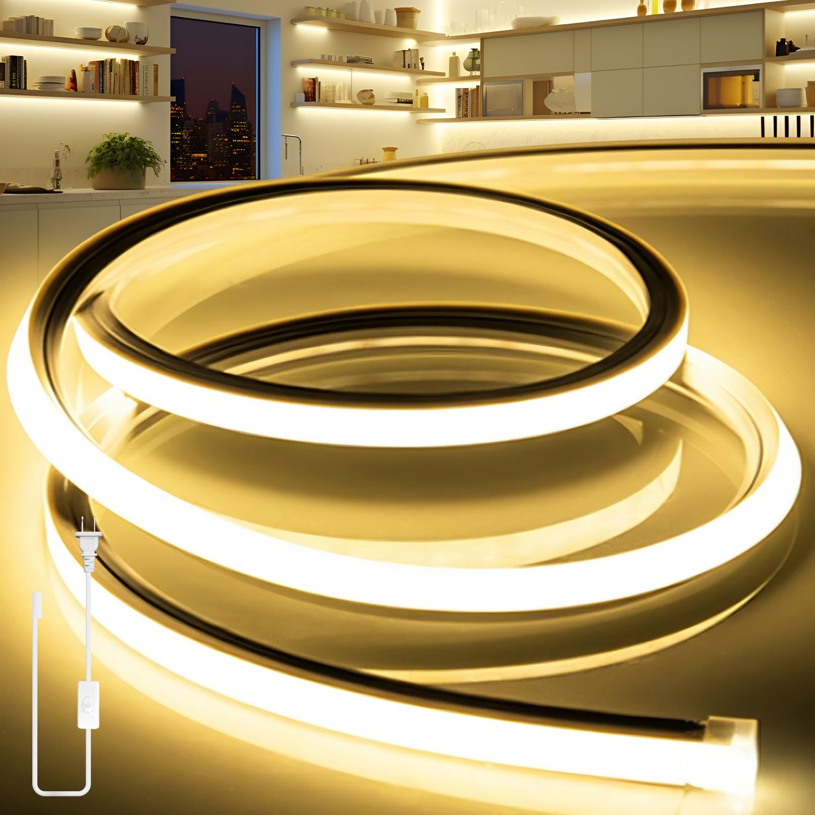 LED Strip Lights Yellow 32.8ft 110-120V Neon Rope Lights,Flexible Silicone Outdoor Waterproof Neon Strip Lights for Bedroom,Mirror,Kitchen Cabinet, Living Room,Halloween Decor