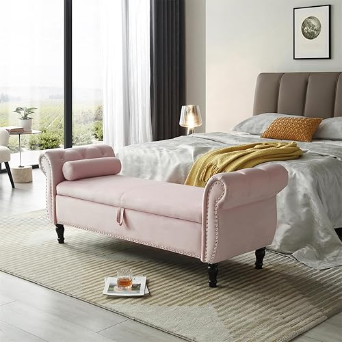 Miniatura 2 de HMFULE Taburete rectangular de almacenamiento multifuncional de 63 pulgadas, patas de madera maciza, banco tapizado de terciopelo con 1 almohada