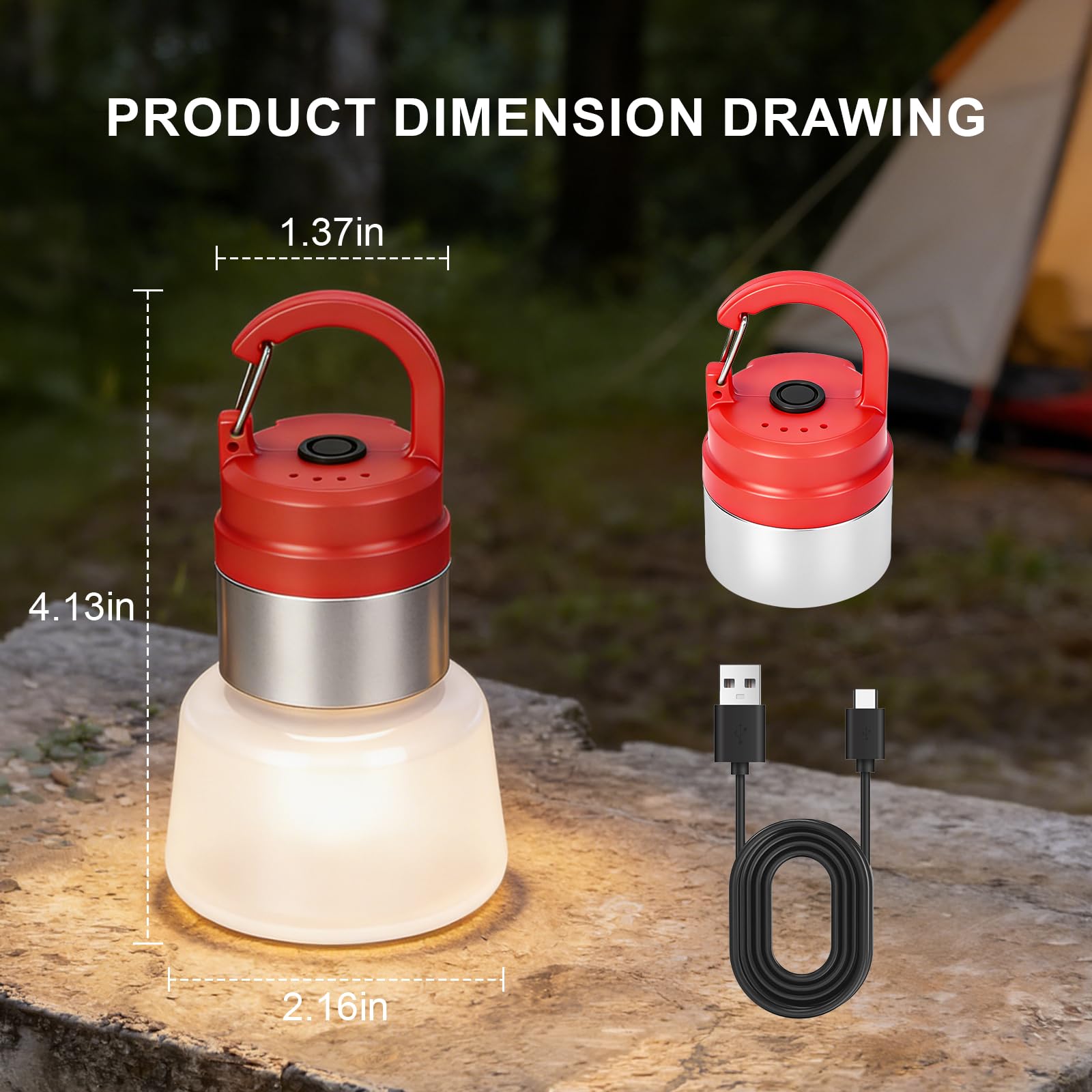Lampada da campeggio a LED portatile con gancio per appenderla, lanterna a batteria ricaricabile per campeggio all'aperto, escursionismo, interruzioni di corrente di emergenza (rosso)