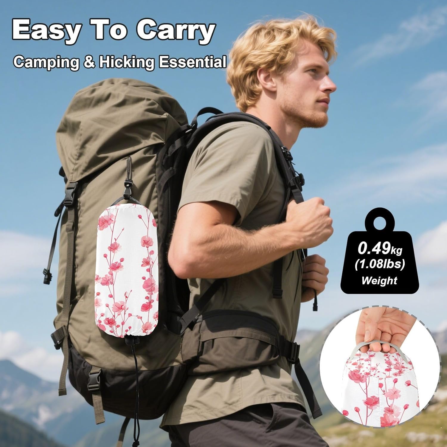 ALAZA Pink Cherry Blossom Flowers Camping Hammocks Single or 2 Person 500 lbs Portable Parachute Travel Hammock w/Tree Straps for Hiking Backpacking Indoor Outdoor