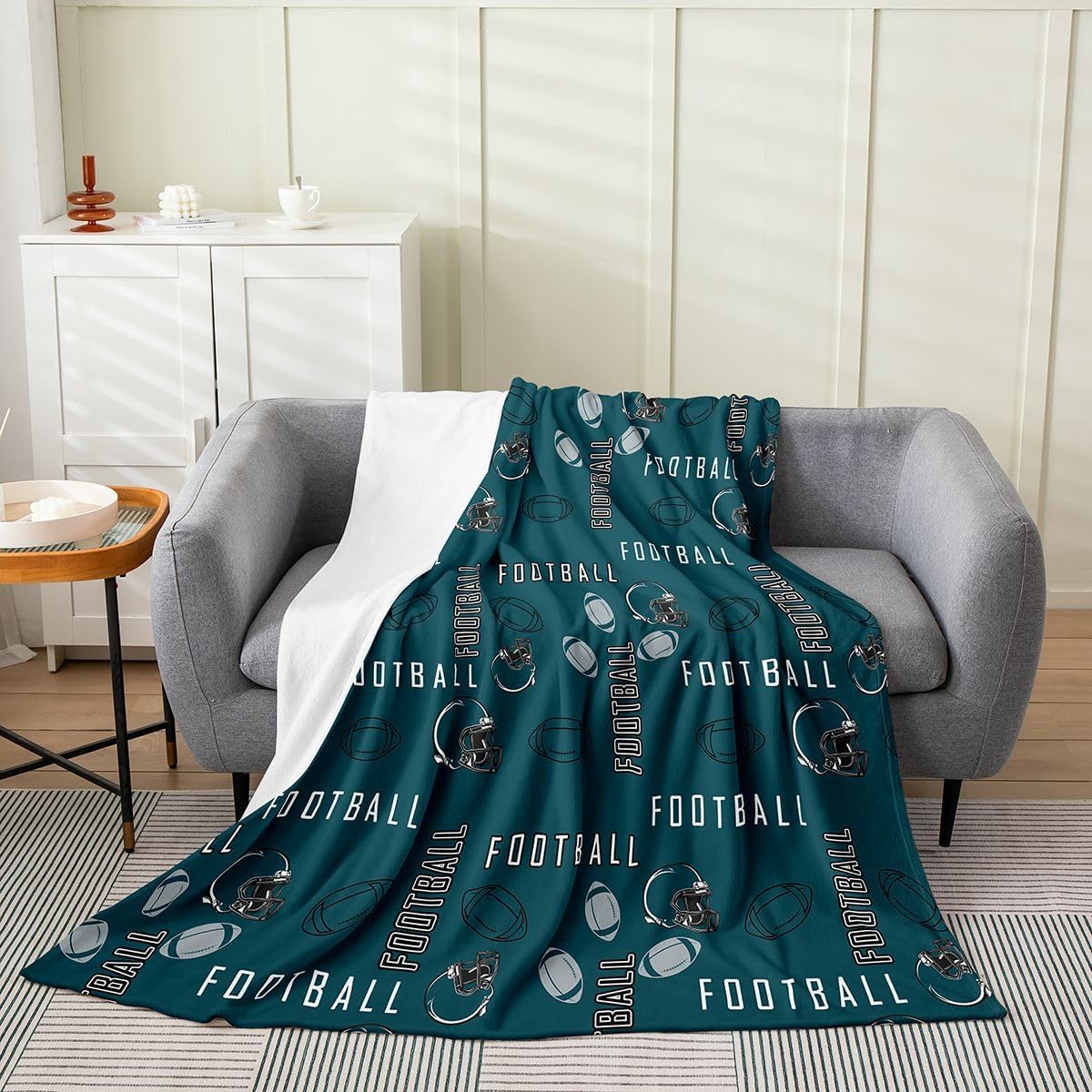 jejeloiu Football Fleece Throw Blanket Queen 90"x90" Kids Rugby Sports Flannel Blanket Plush Fuzzy for Boys Girls Teens Football City Green Gray Breathable Soft Room Decor