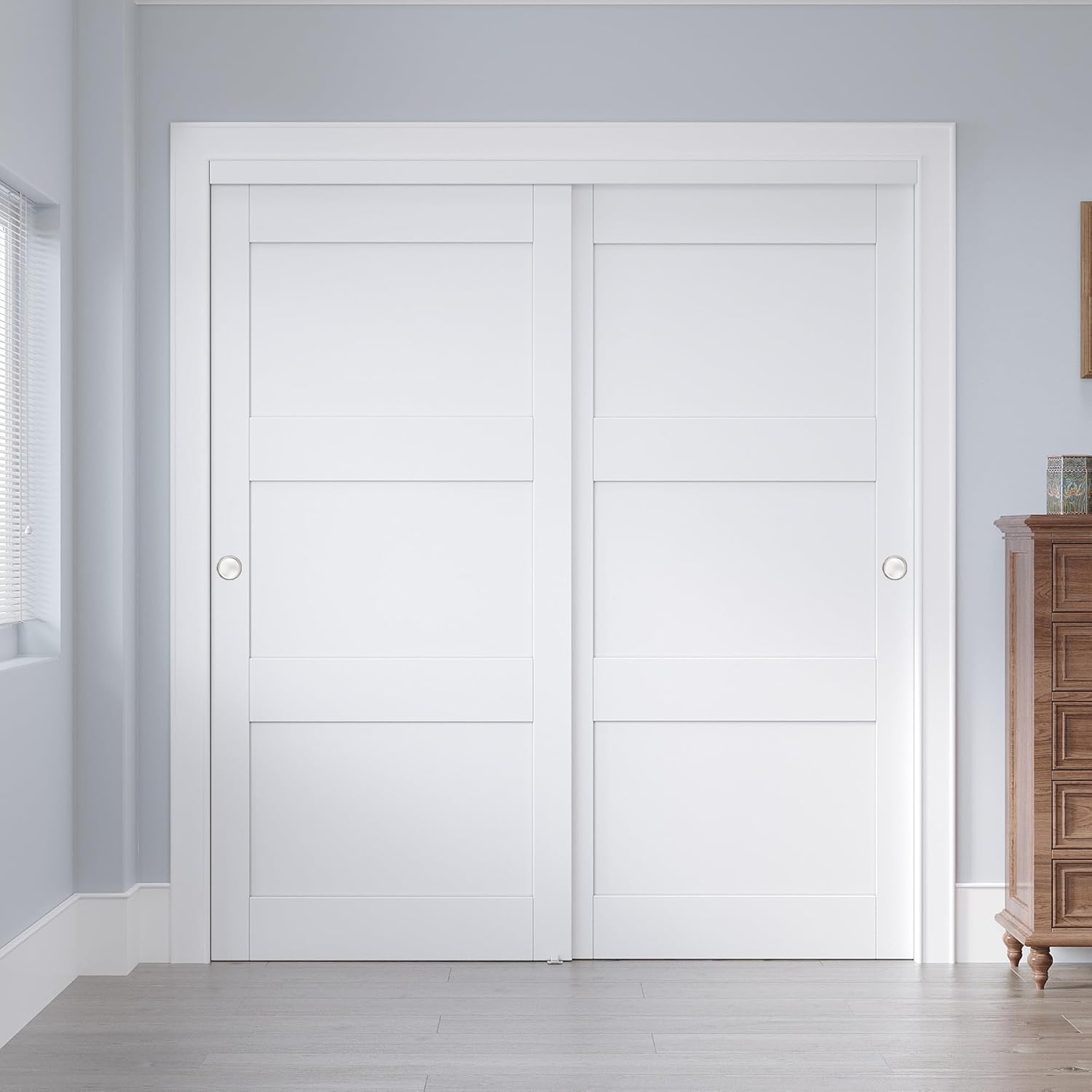 Sliding Closet Door 72"x80", 3-Panel Solid Core Bypass Door with Hardware Kit & Floor Guide & Handles, Paintable Pre-Drilled MDF Doors Slab for Bedroom, Need to Assemble, Primed