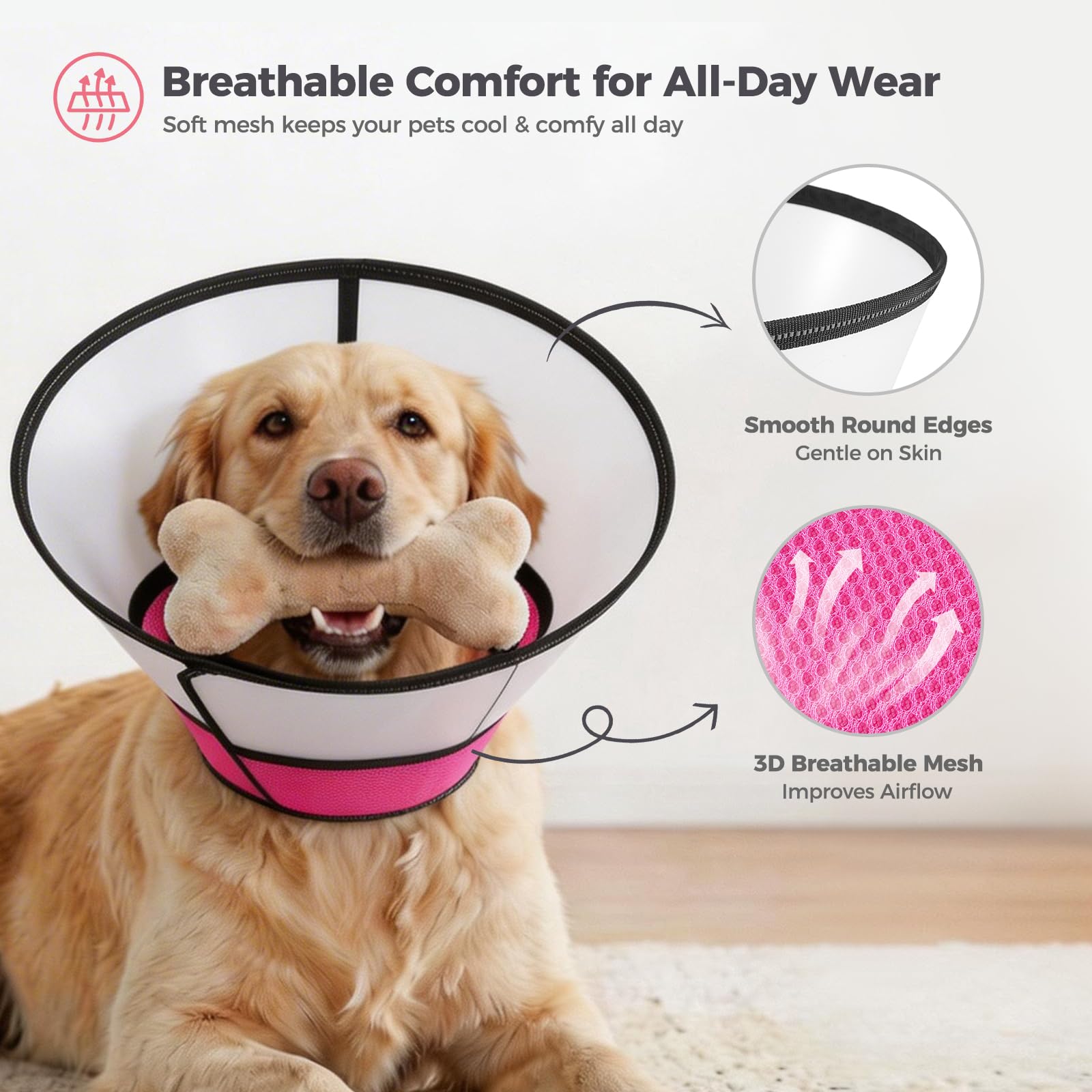 Avont ドッグ エリザベスカラー 犬用 猫用 術後ケア リカバリーカラー 中型 大型犬 調整可能 通気性 舐め防止 引っ掻き防止 傷口保護 -ピンク