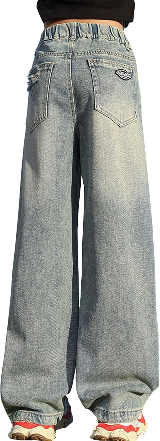 Girls Baggy Jeans Casual Wide Leg Denim Pants Jeans Kids Clothes Size 5-14 Years