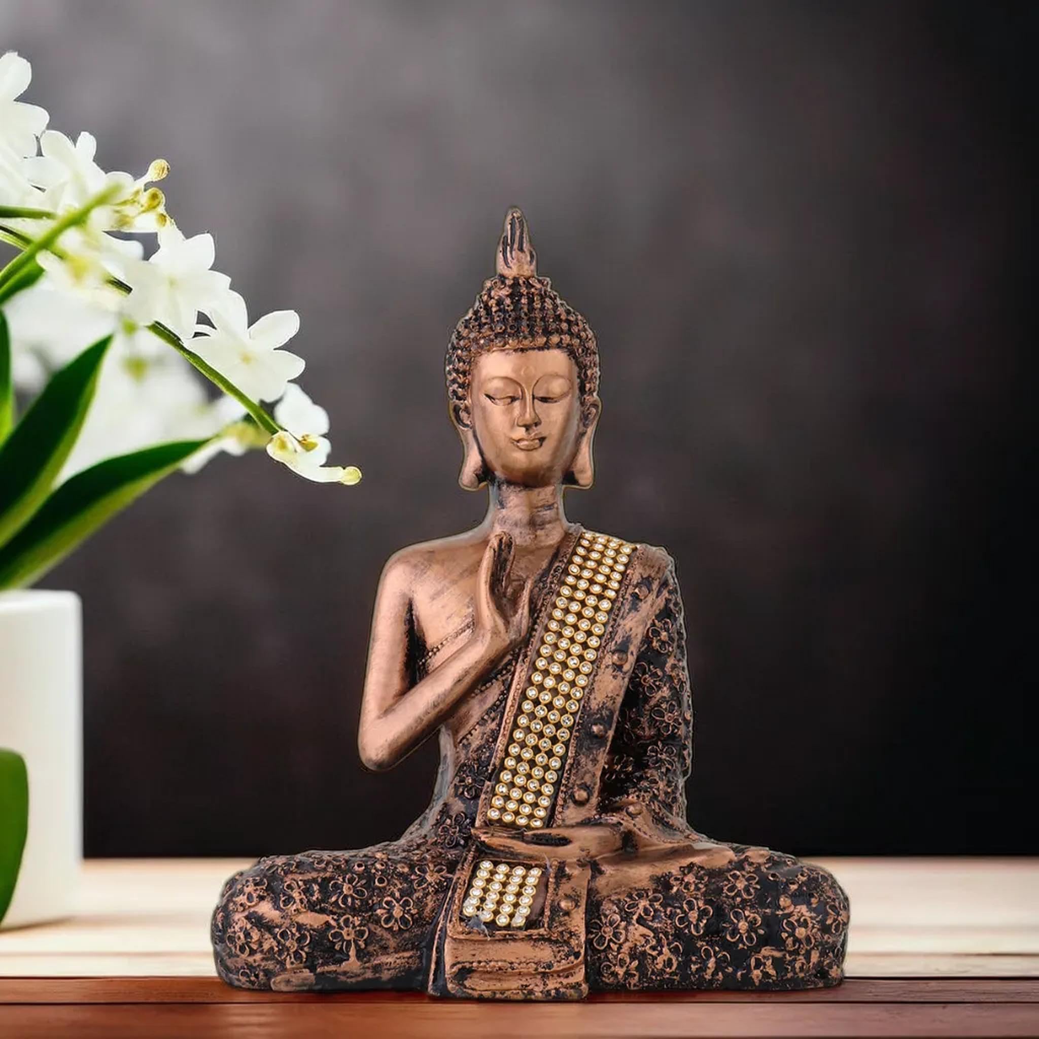 VIVARS Buddha Polystone Statue Blessing Antique Buddha Idol for Peace, Meditation & Protection Traditional Siddhartha Sculpture Handmade (Antique Copper)