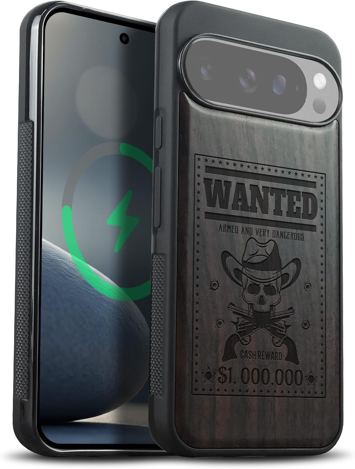 Carveit Magnetic Wooden Case for Google Pixel 10 Pro XL Case, Wood Artisan Engraved & Soft TPU Shockproof Cover, Compatible with MagSafe Wireless Chargers (Western Wanted Poster) Blackwood