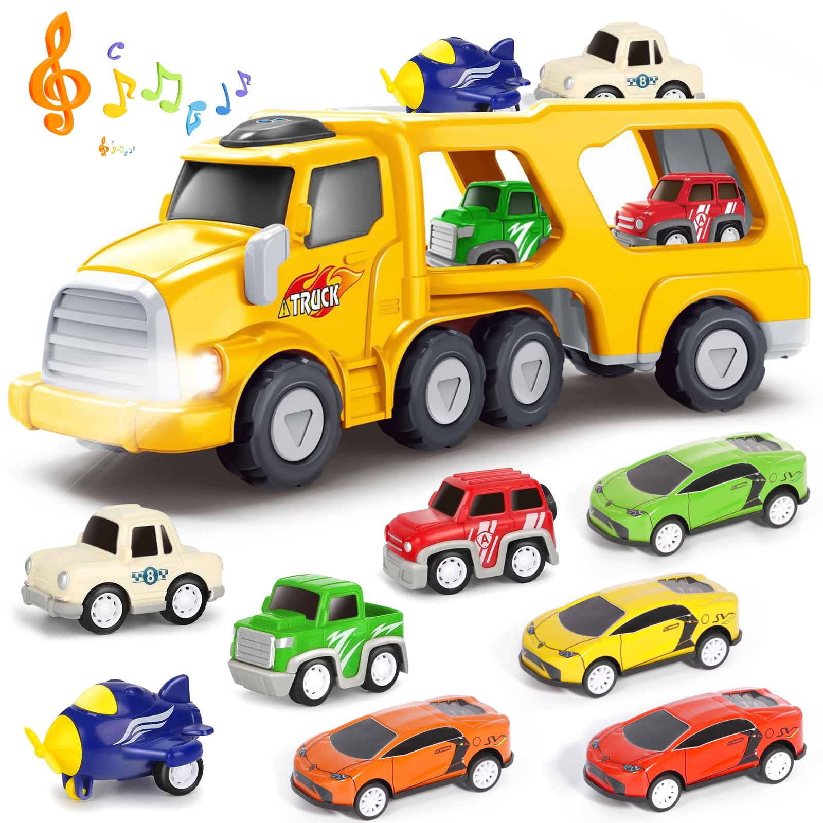 9 en 1 Camiones de Juguete para Niños 1 2 3 4 5 6 Años, Coches de Juguetes con Luces y Sonidos, Camion Transporte Coches Juguetes Niños Niña 1 2 3 4 5 Años - Regalo para Niños 1 2 3 4 5 Años