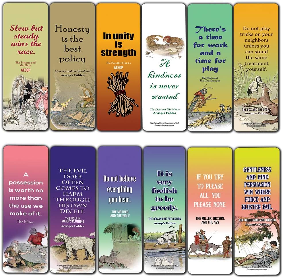 Aesop's Fables Bookmark Cards (12-Pack) - Reading Gifts for Children Kids Boys Girls - Vintage Bookworm Literary Classic Fairy Tales Moral Stories Stocking Stuffers
