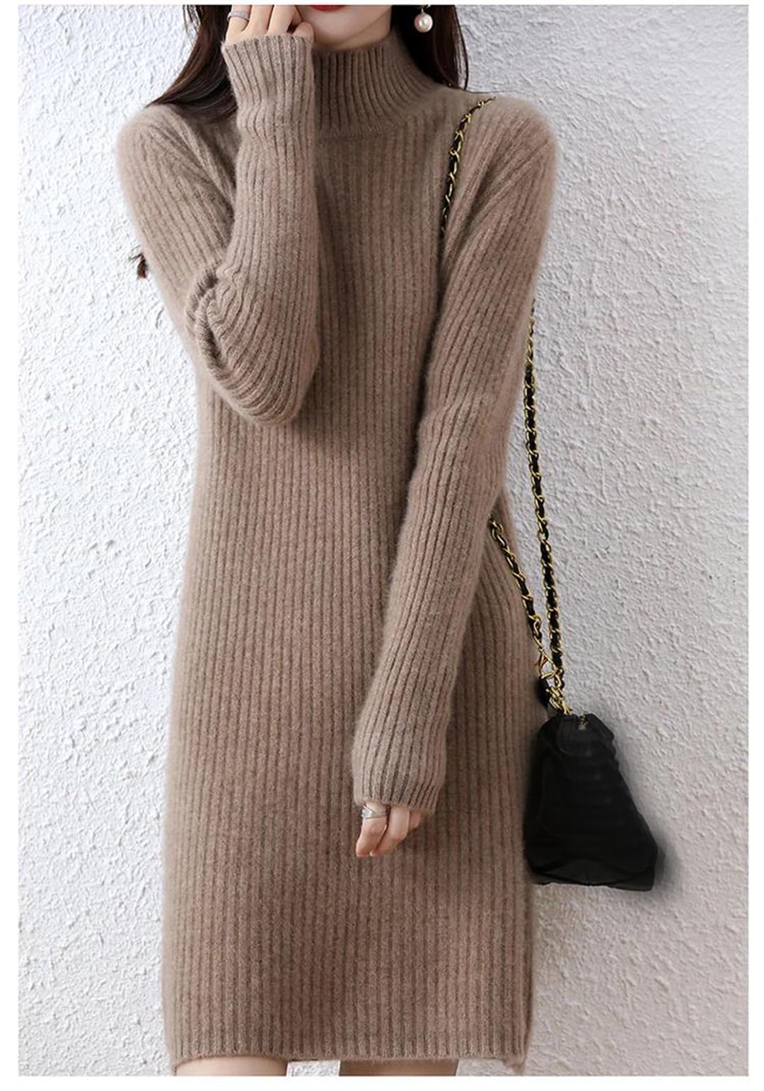 SAeWare Abito da donna in lana tinta unita autunno inverno spesso mezzo maglione avvolgente in maglia calda e morbida, marrone chiaro scuro-M