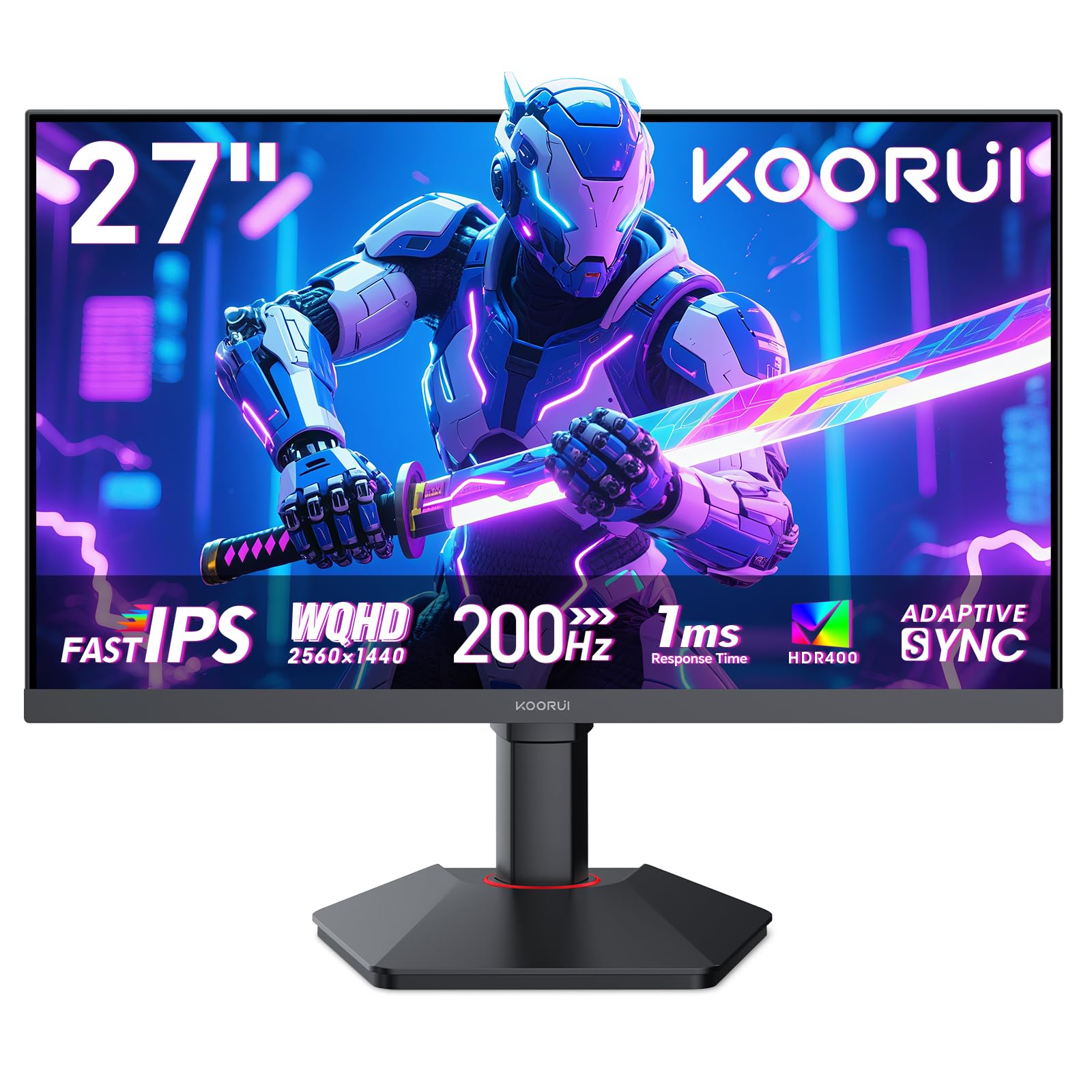KOORUI 27 Pollici Gaming Monitor, schermo PC Fast IPS QHD 200Hz, Adaptive Sync 1ms, HDR400, HDMI 2.0 e DP 1.4, VESA 75x75 mm, altezza regolabile