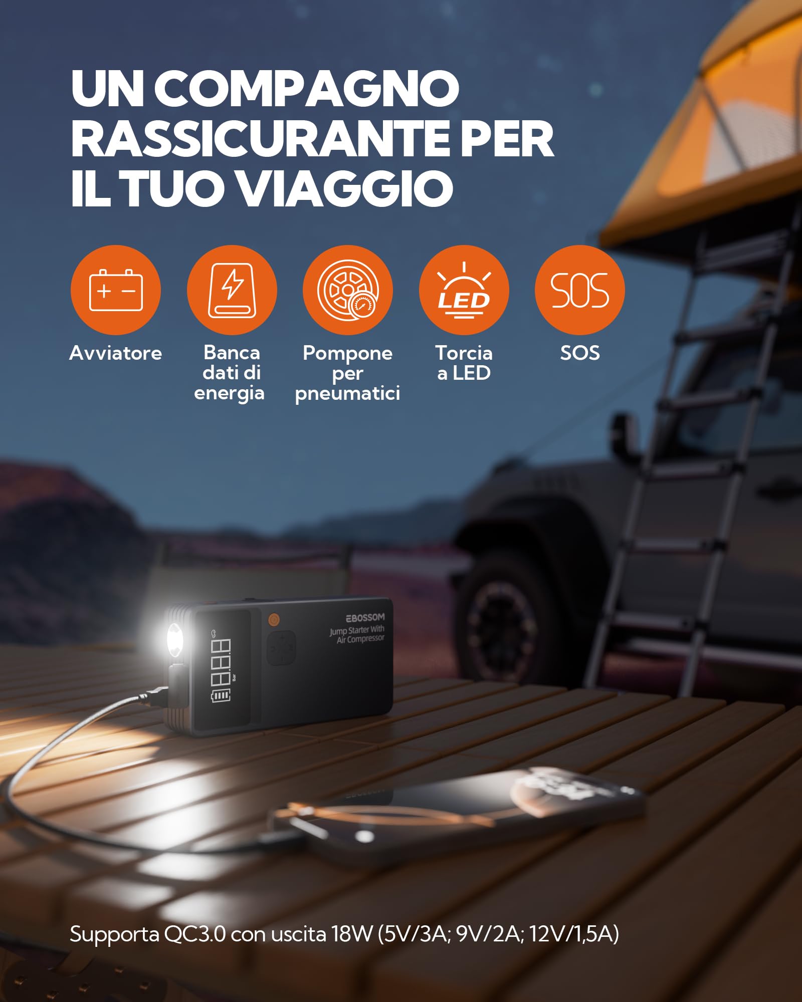 Booster Avviamento Auto,Avviatore per veicolo con Compressore Aria Portatile,44.4Wh Avviatore Batteria Macchina,Jump Starter con LED Torcia,Ricarica USB-C,7in1 Kit di Viaggio e Attrezzi di Emergenza