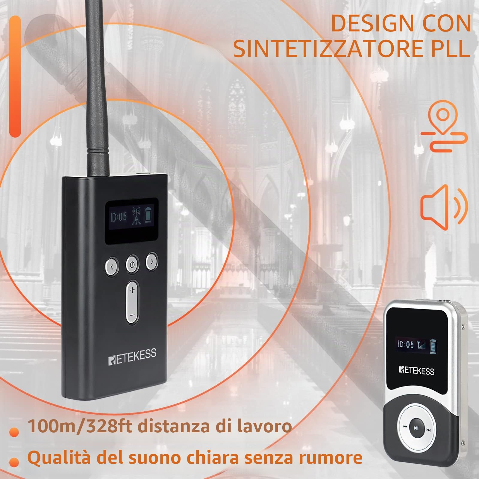 Retekess T130S (T130 2rd) Wireless Tour Guide System, Sistema di Guida Turistica, 100M, con un Pulsante Mute, con 2 Microfoni TT123, Con Scatola di Ricarica da 64 Slot, Per Visite Turistiche, Fabbrica