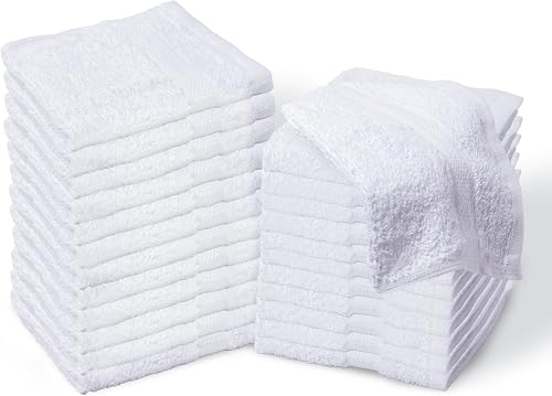 Bulk Spa White Washcloths – Set of 24 – Size 12” x 12” – Thick Loop Pile Washcloth – Absorbent and Soft 100% Ring-Spun Cotton Wash Cloth – Lint Free Face Towel – Wash Cloths Perfect for Bathroom