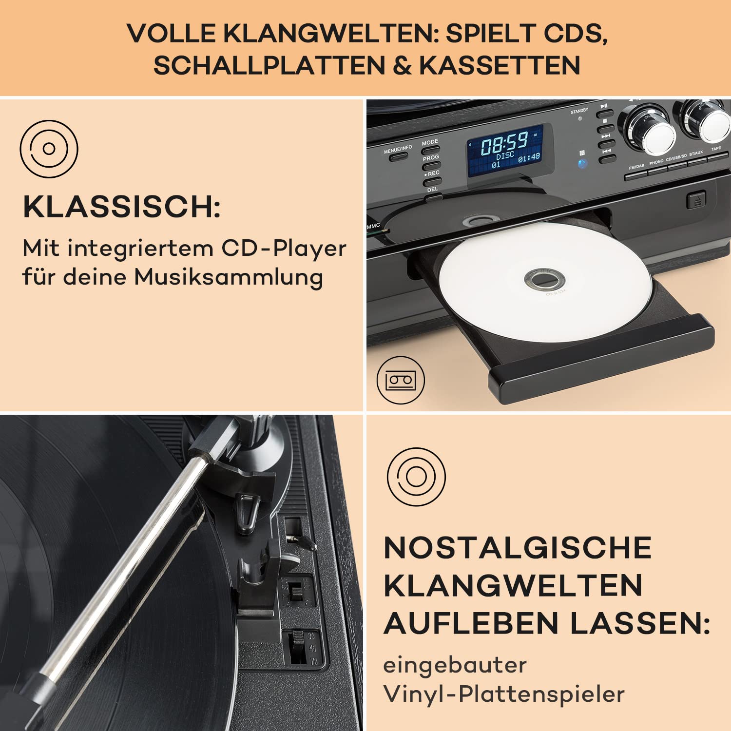 Auna Plattenspieler für Schallplatten, Plattenspieler mit Lautsprecher, CD-Player, USB & DAB Radio, Schallplattenspieler im Retro-Design, Moderner Record Vinyl Player, mit Bluetooth