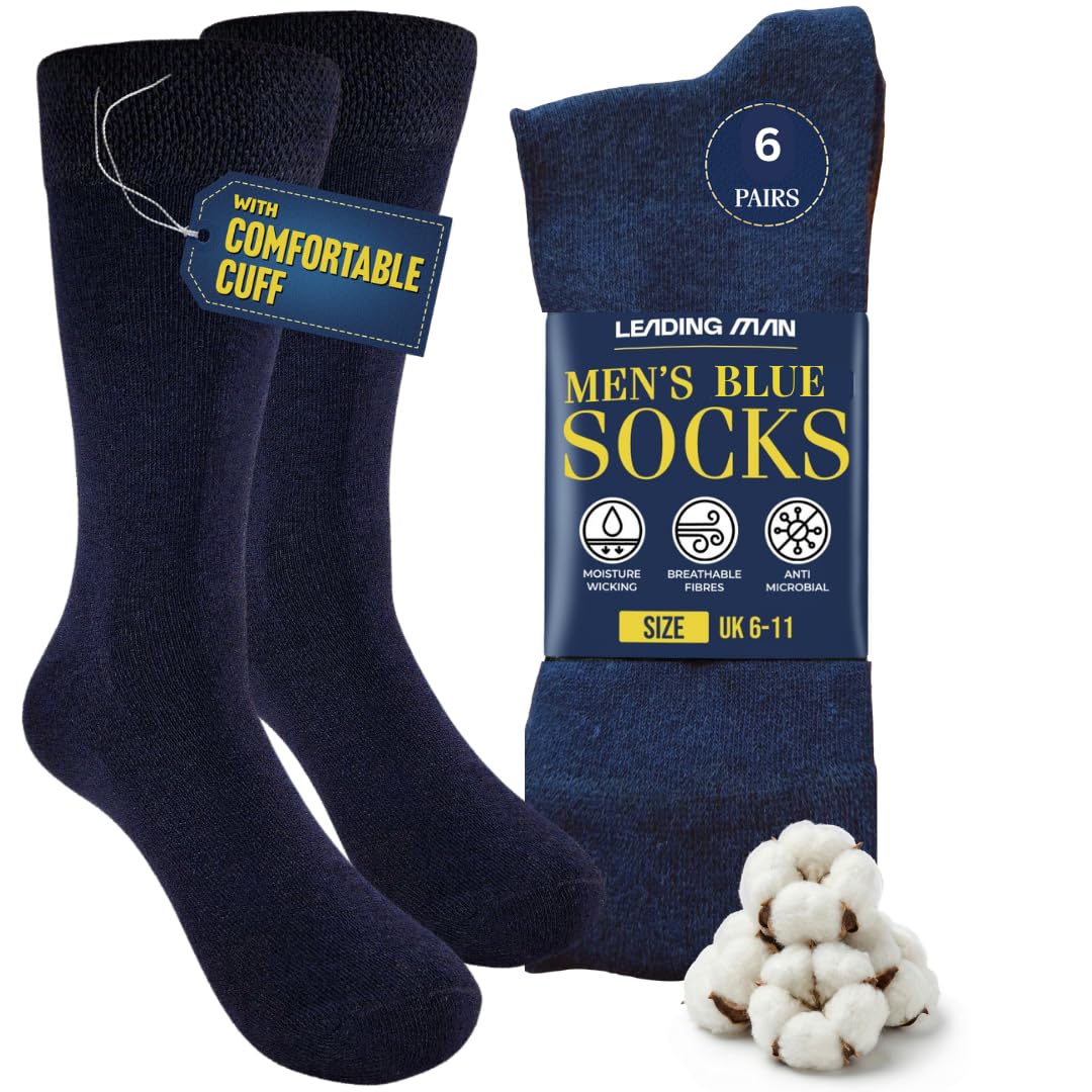 Leading Man Men's Blue Socks, Plain Cotton Socks For Seamless Smart Suitable For Work, Business, School, Formal And Casual Wear- Breathable Dress Socks, Navy Socks 6-11 (6 Pairs)