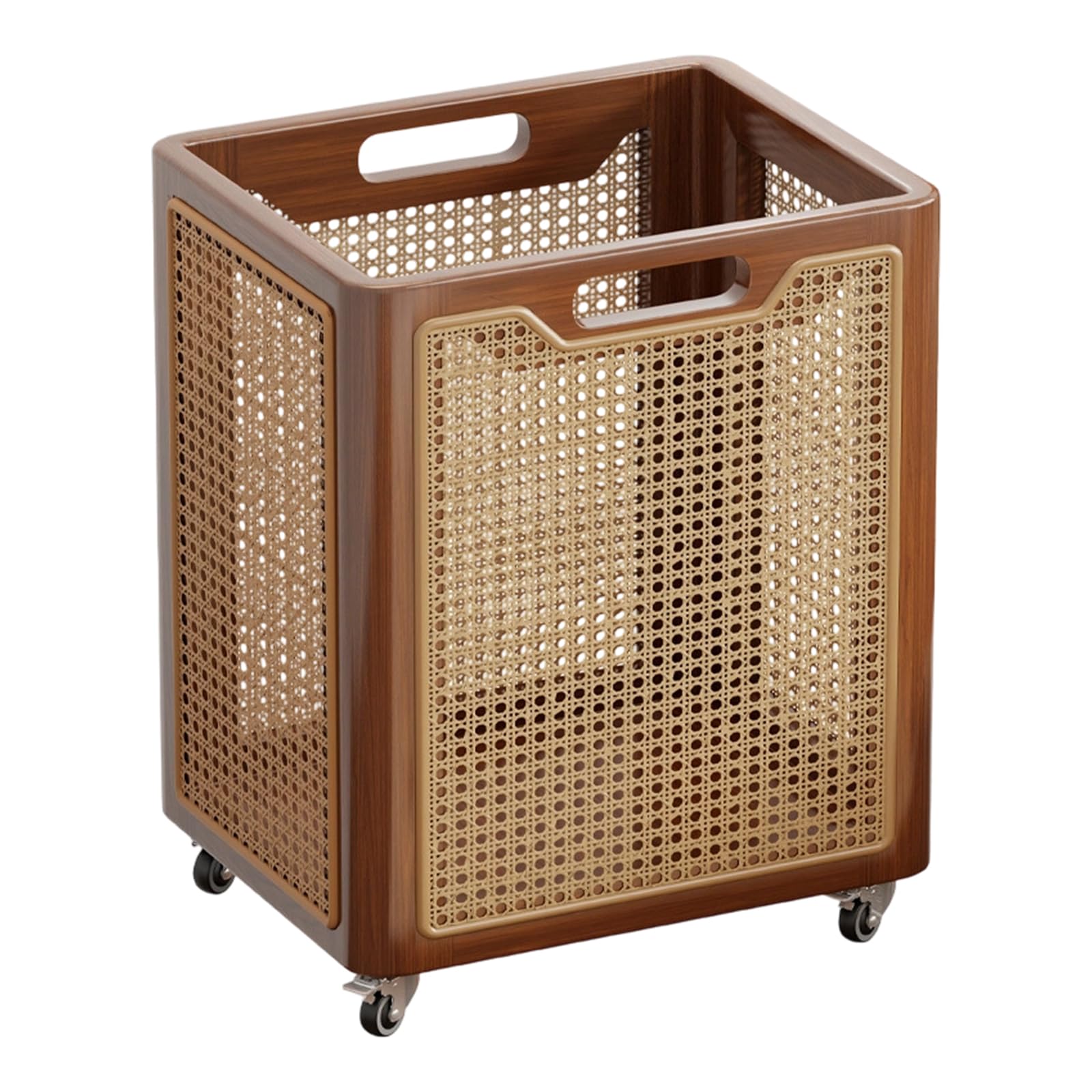 TQUXNGA Multifunctional Rattan and Wood Rolling Storage Basket with Laundry Hamper with