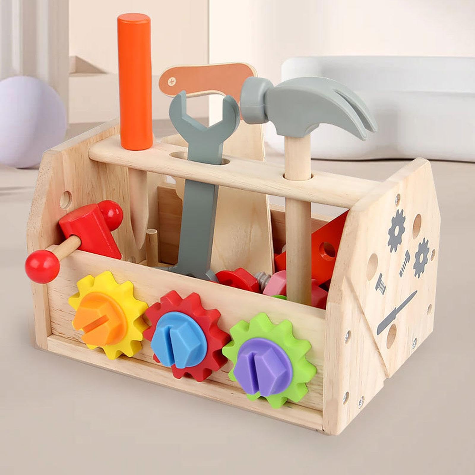 Gralara Kit di Attrezzi in Legno con Scatola, Giocattolo di Costruzione in Legno, Gioco di Ruolo educativo per la Prima Infanzia, Modello di Costruzione per